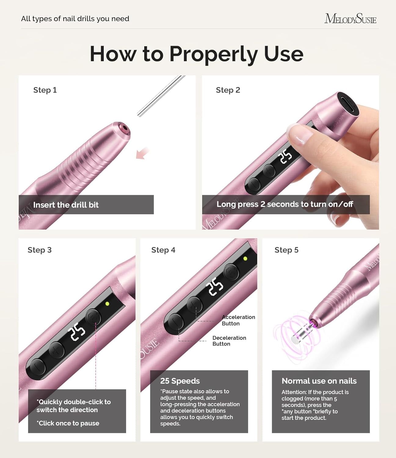 MelodySusie Cordless Electric Nail Drill, 25,000 RPM Portable E-file Kit for Manicure and Pedicure (Pink, 0.17 lb) gs2r0