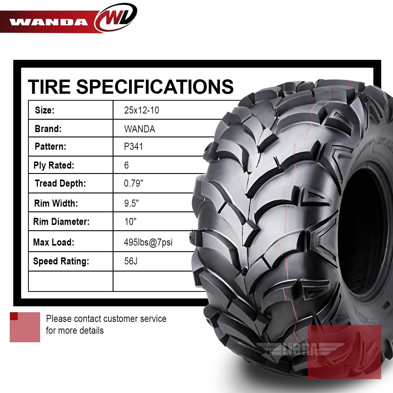 Wanda ATV/UTV Tires P341 All-Terrain Replacement Tires (25x12-10, Set of 2) bl1a5