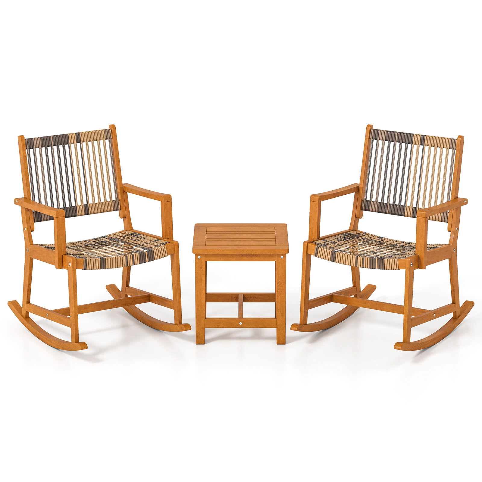 Costway 3 Piece Patio Rocking Bistro Set with Rattan Chairs and Square Side Table (Brown, 3 Piece Set) z81pt