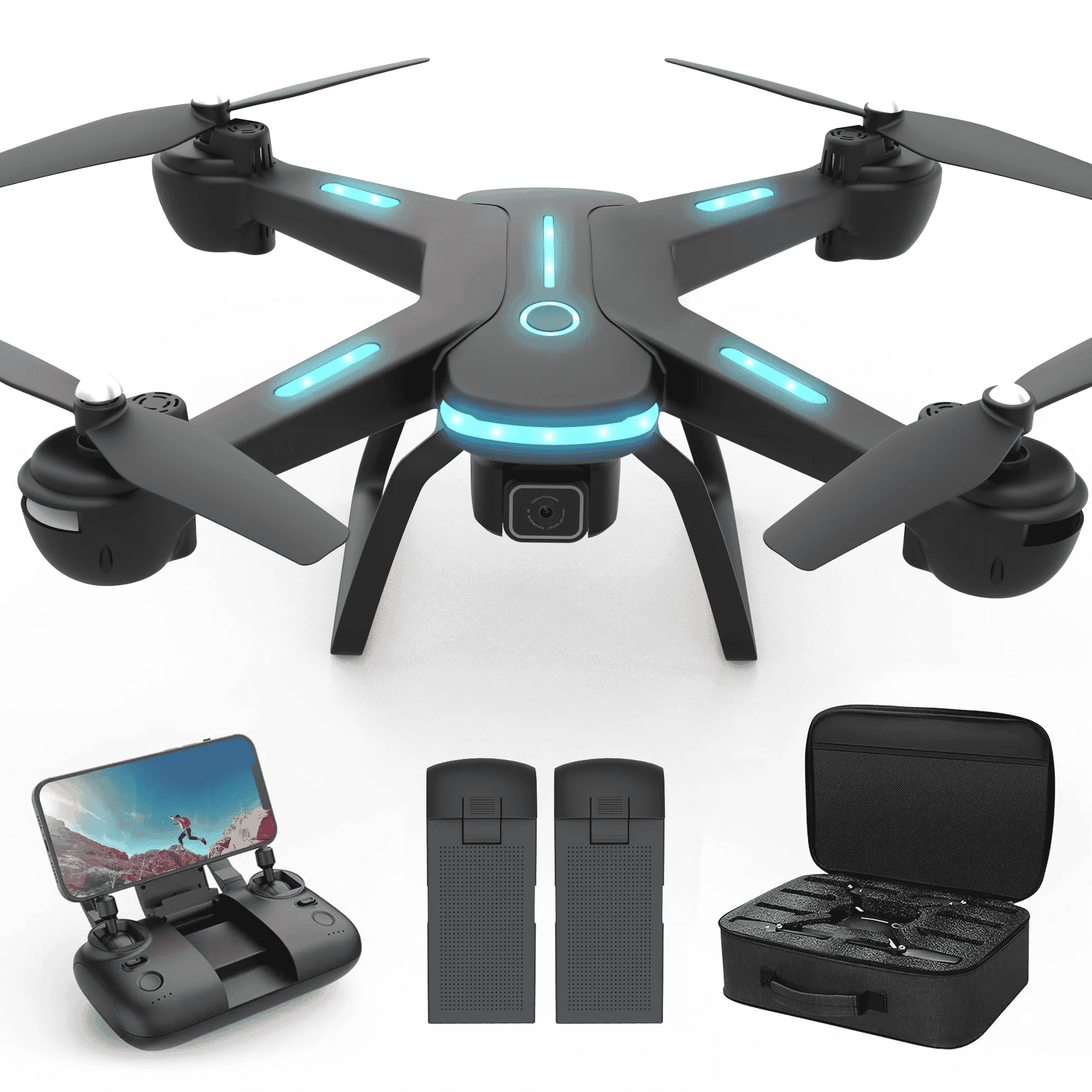 WEFONE JY03 Drone with 1080P HD Camera, FPV RC Quadcopter with Optical Flow Sensor and LED Lights (Black, 2 Batteries) rrupb