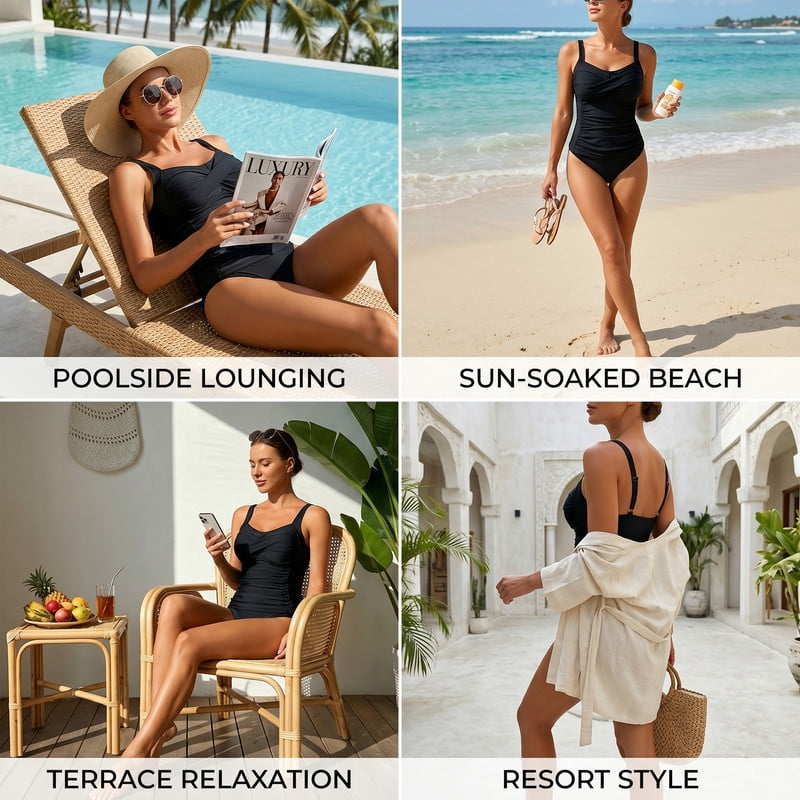 SOMER Women's Tankini Swimsuit 2 Piece Set Tummy Control High Waisted Ruched Bikini (Black, Medium) ewvap