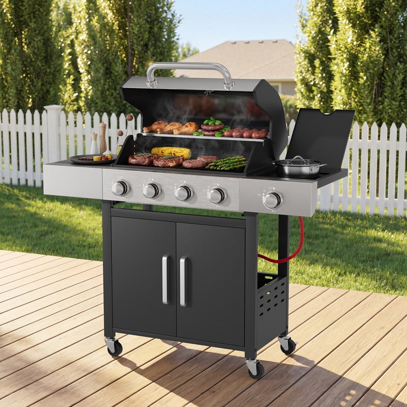 Opohoro 4-Burner Propane Gas Grill with Side Burner (465 Sq. In. Cooking Area, Black) 58n4x