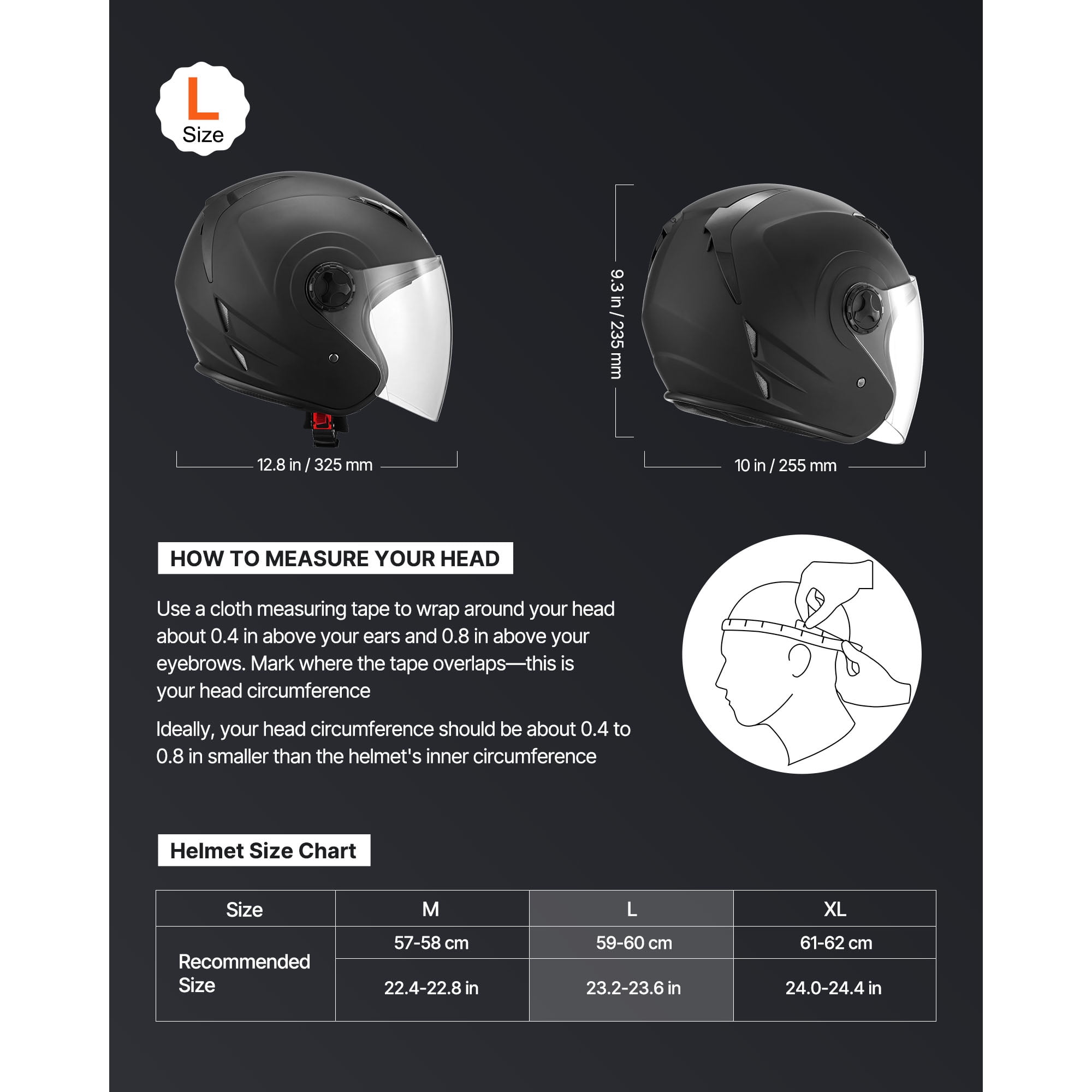 KFFKFF 3/4 Open Face Motorcycle Helmet, DOT Certified Street Riding Gear with Clear Shield and Removable Liner (Matte Black, L) 4gwuv