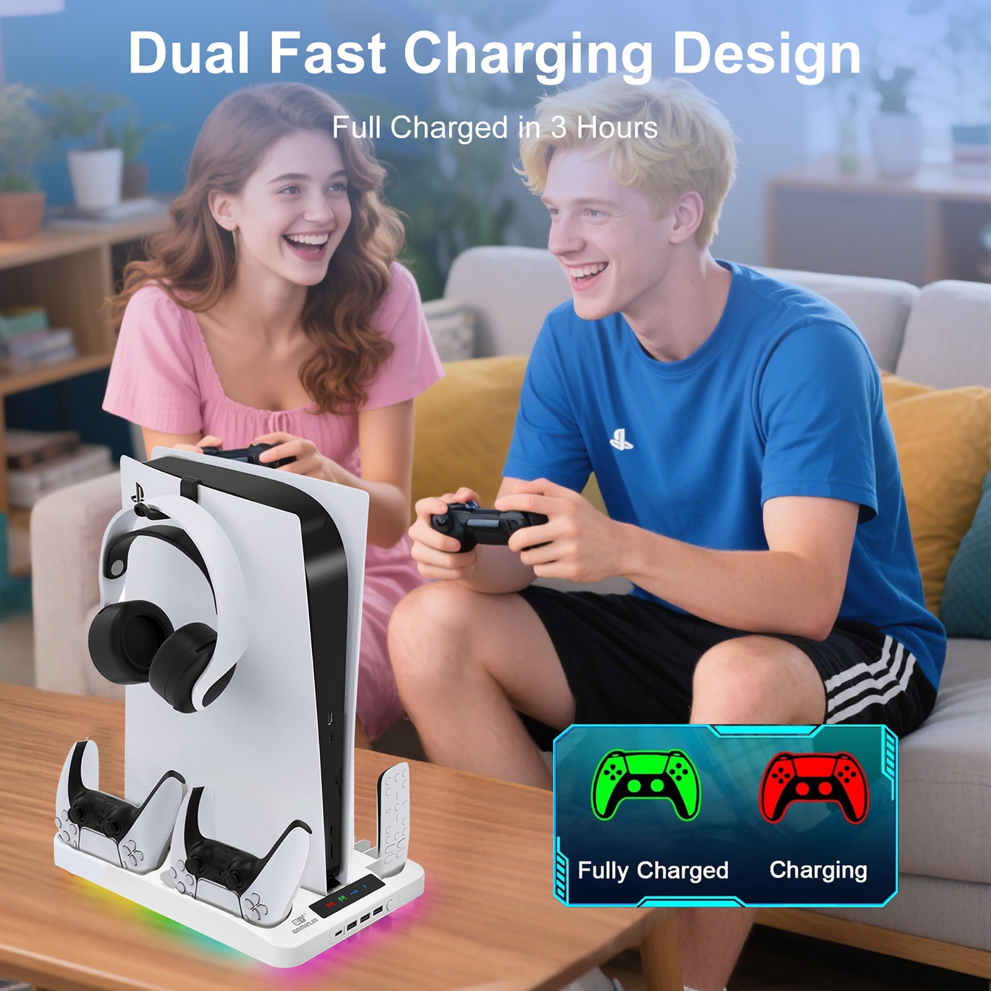 Pecham Vertical Cooling Stand for PS5 and PS5 Slim with Dual Controller Charger and RGB Lighting (White, 12.99 in x 8.11 in x 1.46 in) dh84o