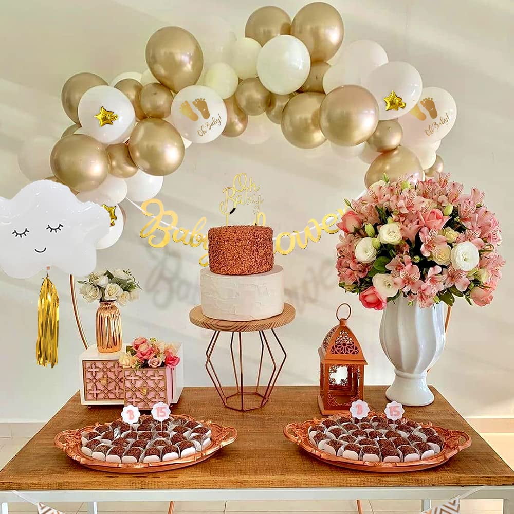 Yansion Baby Shower Decoration Set with White Gold Confetti Balloons Garland Arch and Mommy To Be Sash (56 Piece Set) gbtds