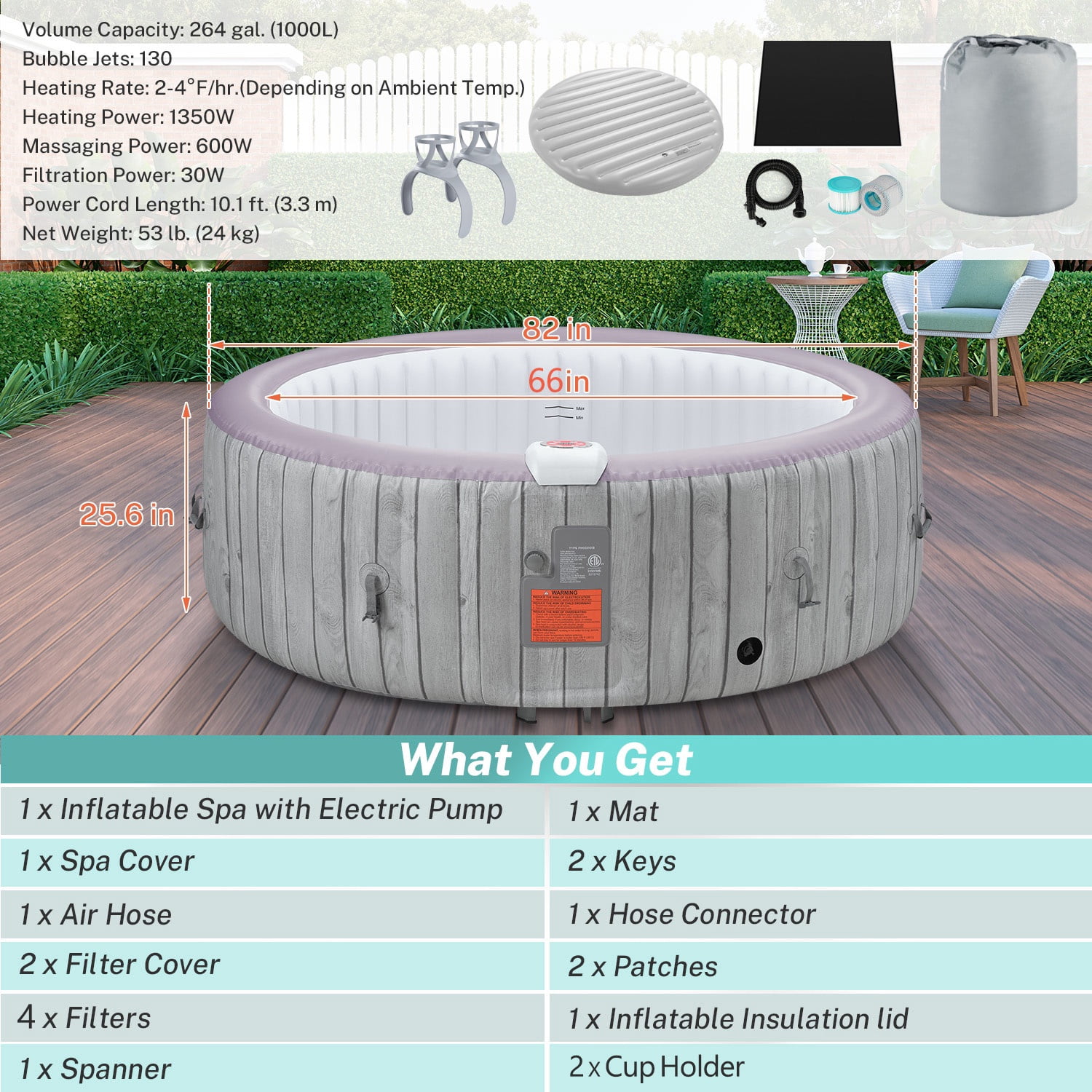 Seizeen Inflatable Hot Tub Portable Home Spa with 130 Massage Jets (Grey, 82 in) yq65n