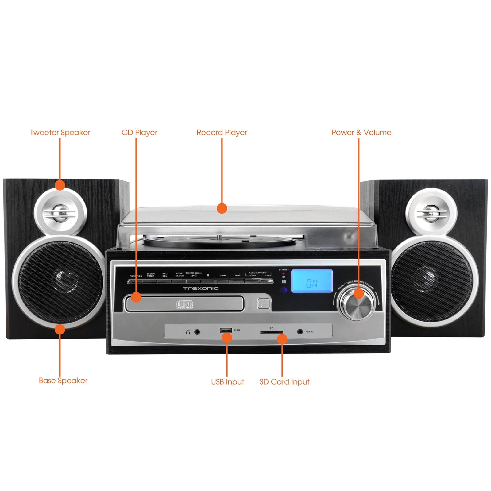 Trexonic 3-Speed Turntable with CD Player, FM Radio, Bluetooth, and Wired Shelf Speakers (Black, 1 Unit) dyqdq