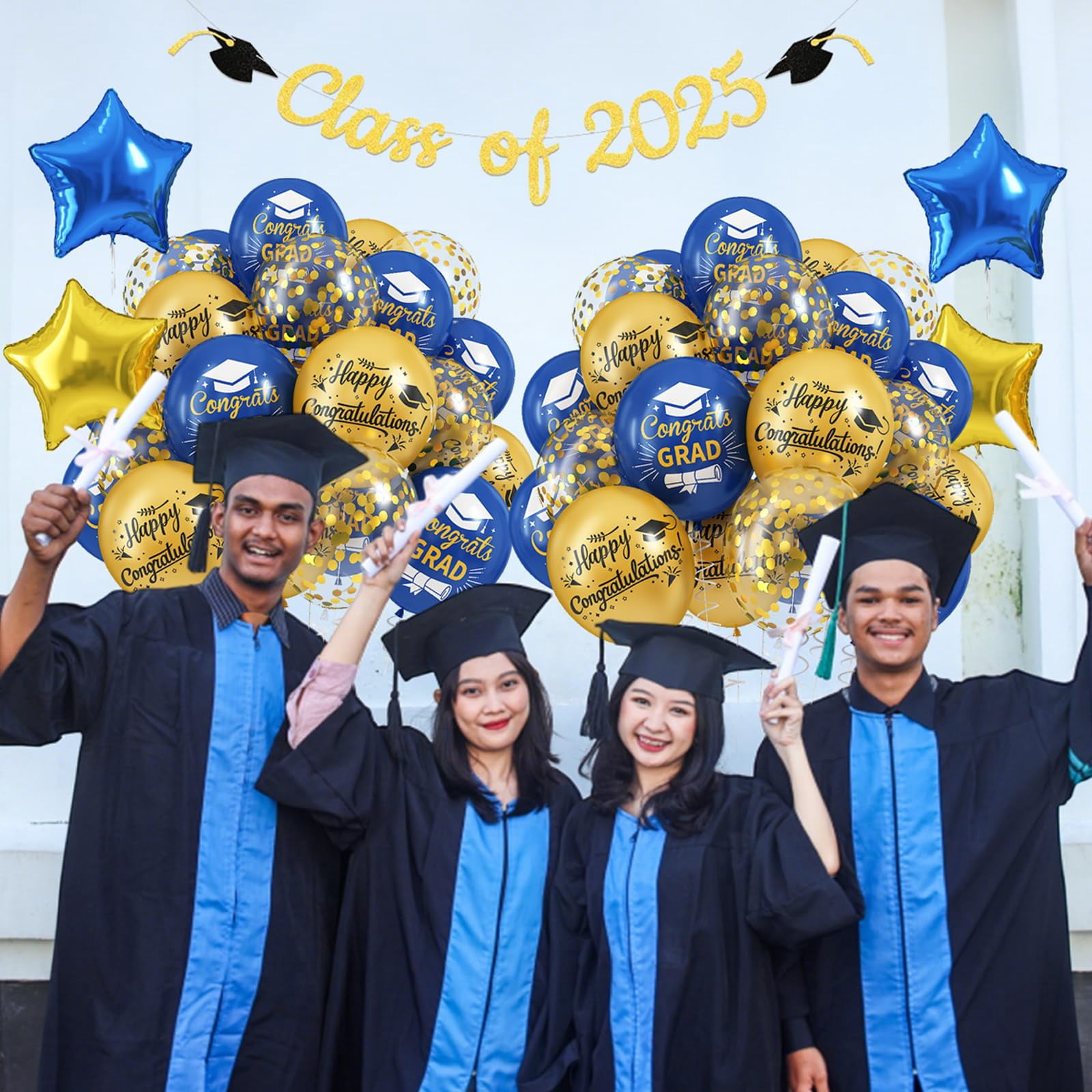 OuMuaMua Graduation Party Balloons Class of 2026, Blue and Gold Foil Mylar Balloon Set (10 Pack, 18 in to 19 in) ujhet