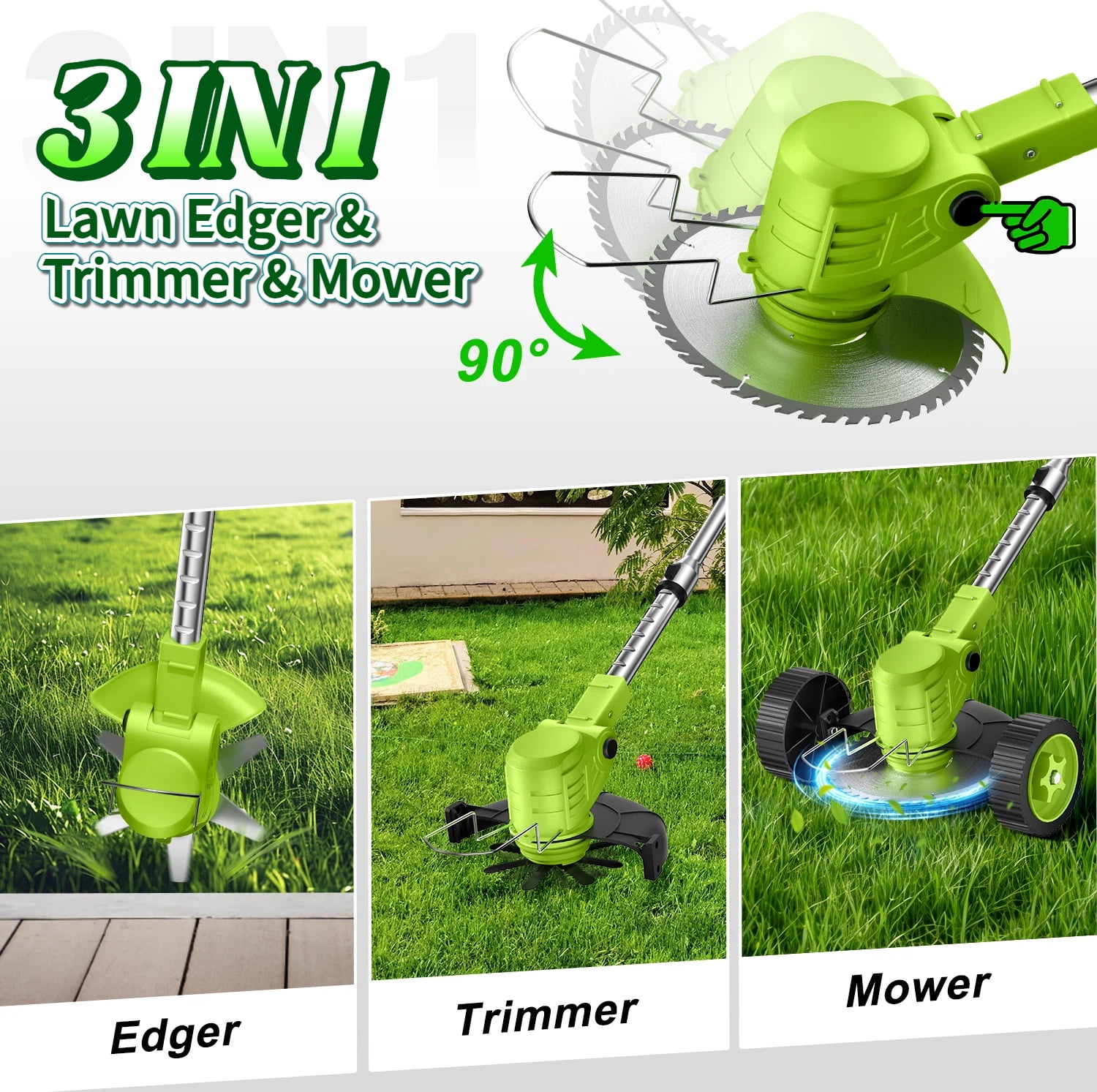Teblint 800W Cordless Electric Weed Wacker, String Trimmer and Edger with Wheels, 21V Batteries, Adjustable Telescopic Pole (Green, 4.5 lb) 1hgmz