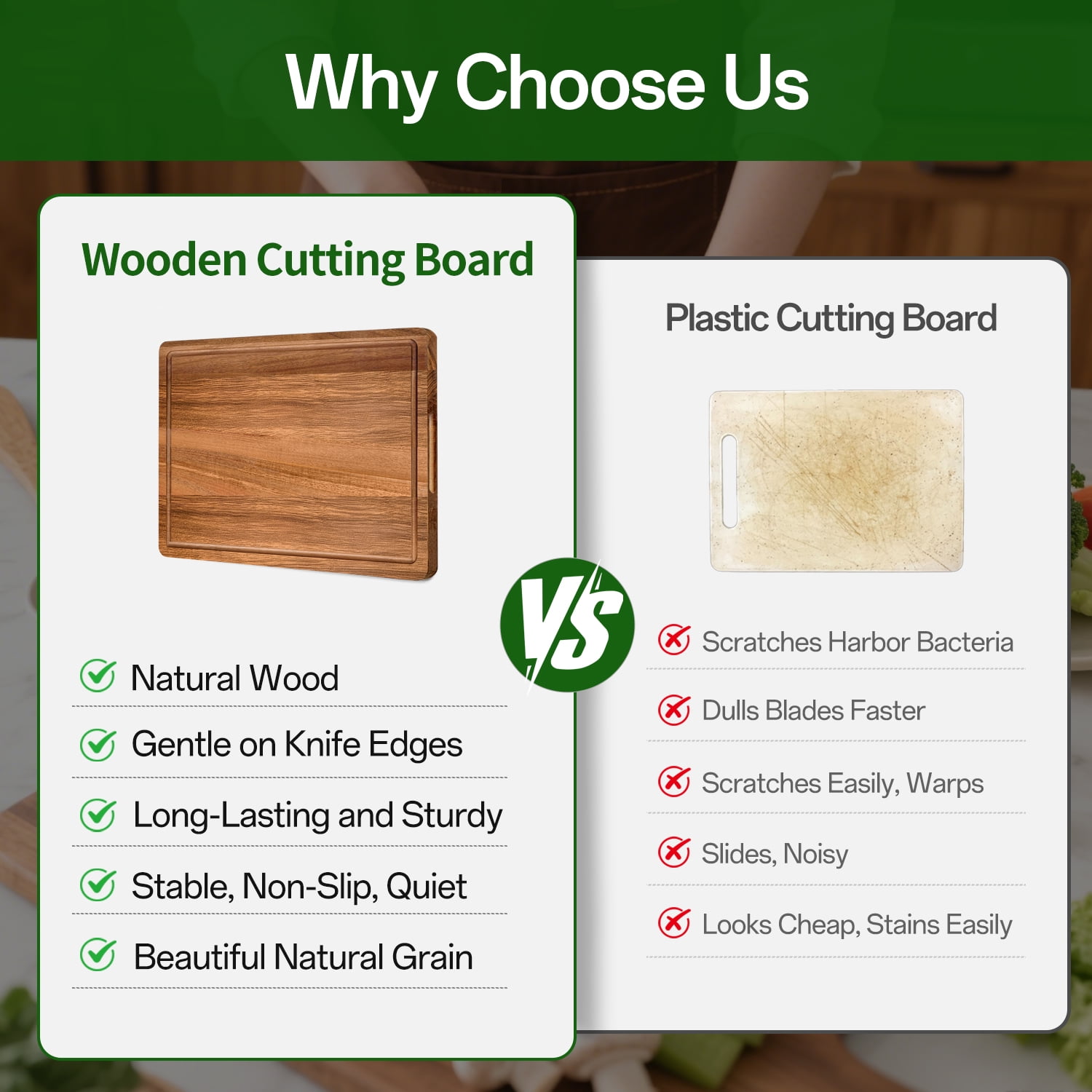 TINANA Acacia Wood Cutting Board, Heavy-Duty Butcher Block with Deep Juice Groove (Brown, 17 x 12 in) h052i