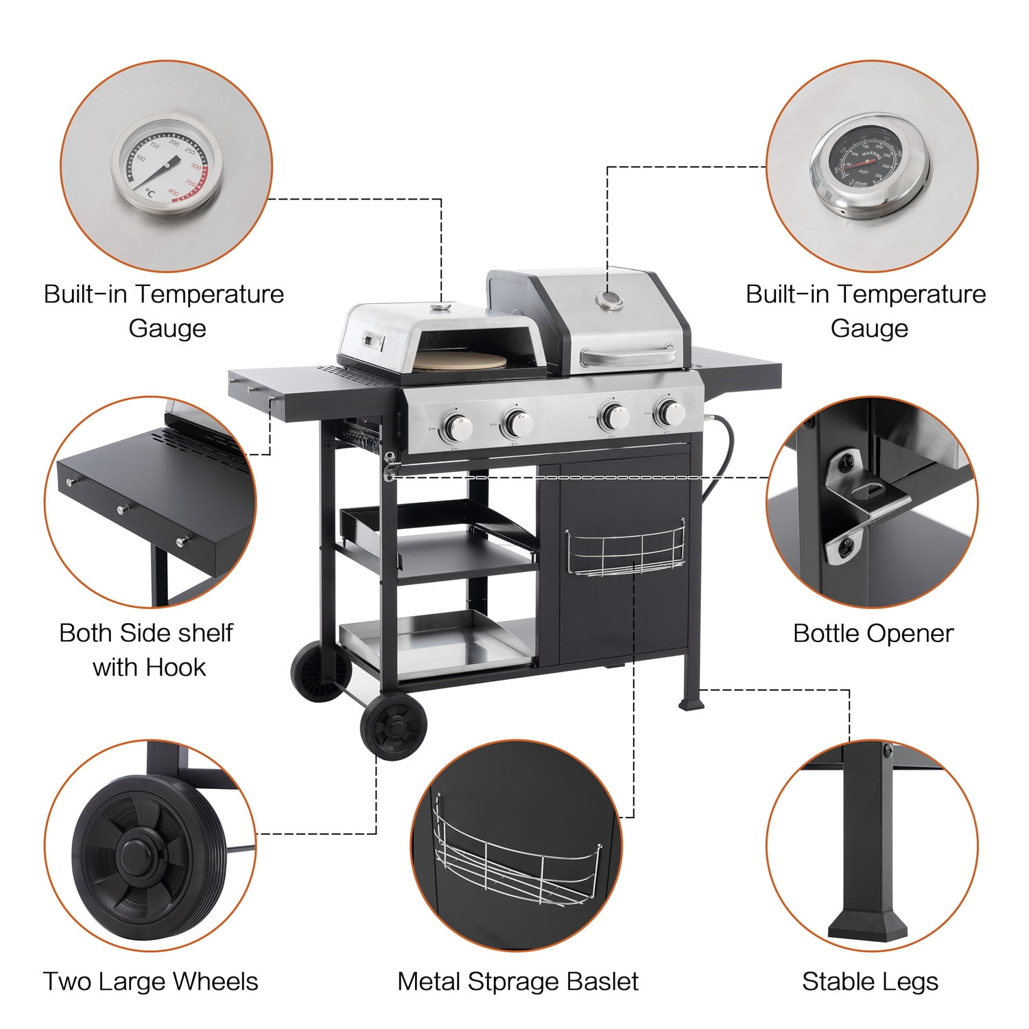 YIORTWO 4-Burner Propane Gas Grill and Griddle Combo with Pizza Oven (Black, 690 sq in) 73twn