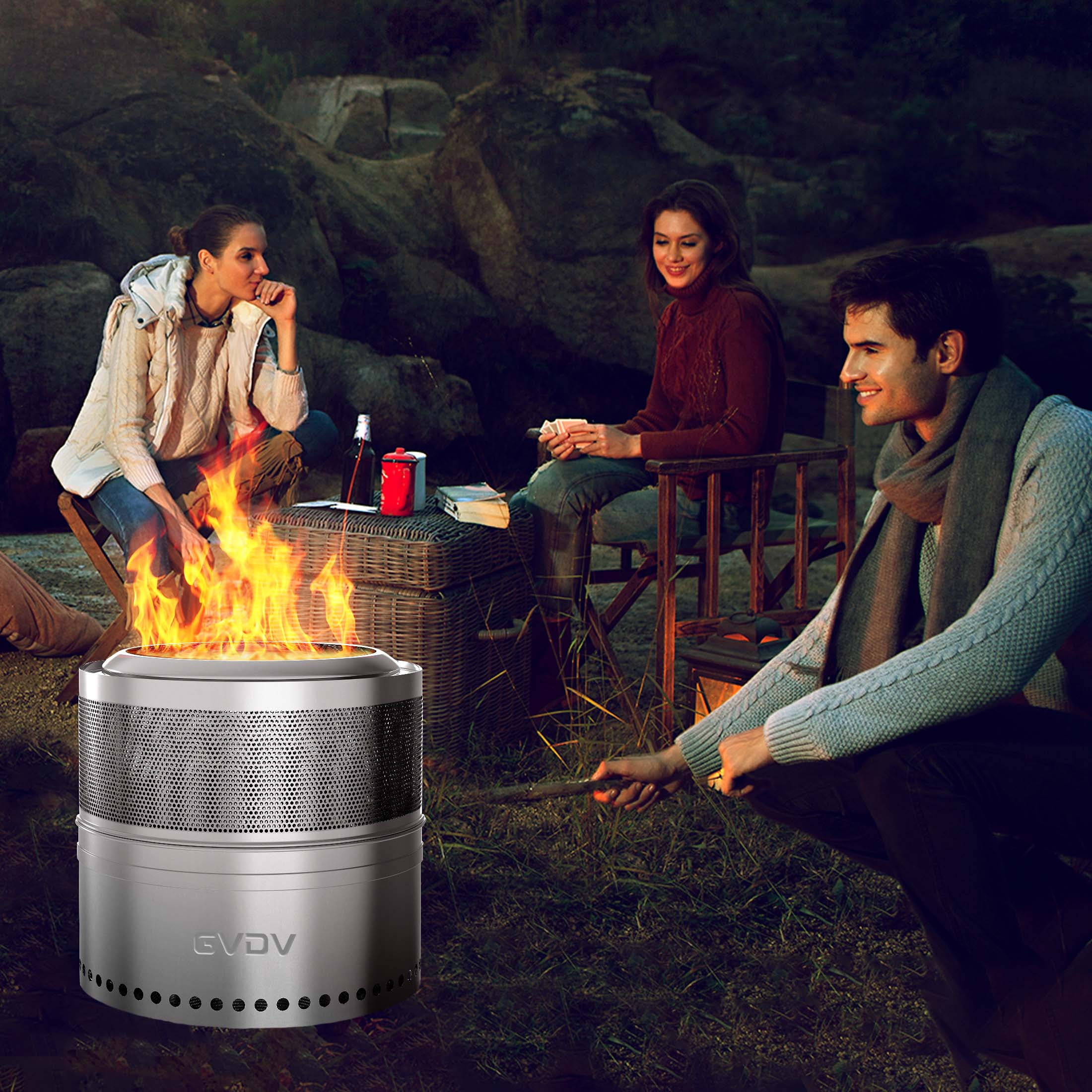 GVDV Smokeless Camping Fire Pit, Collapsible Stainless Steel Outdoor Heater (Silver, 18 in) tuw10
