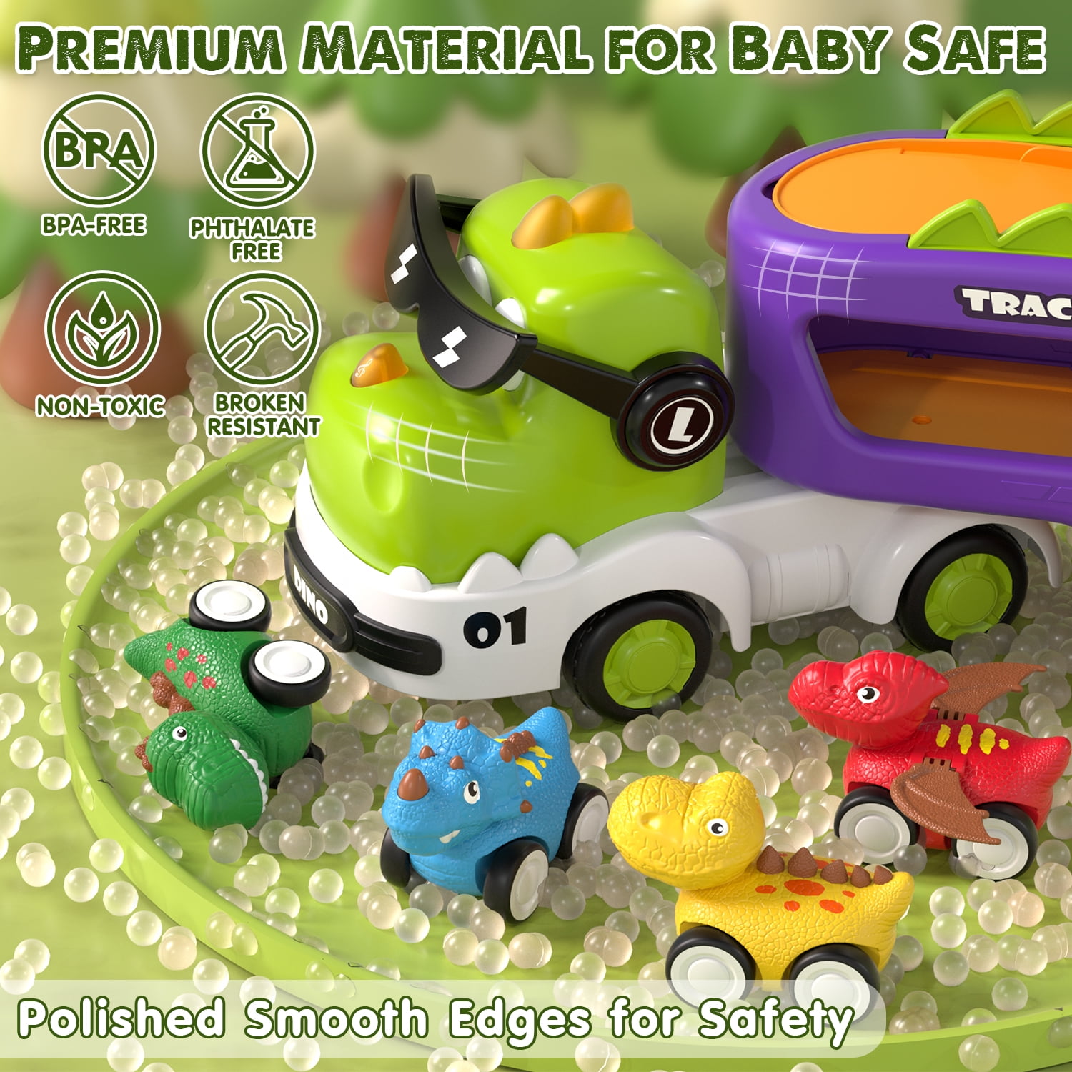KWANITHINK Dinosaur Carrier Truck Toy Set with Lights and Sounds, Pull Back Mini Cars for Toddlers (Green, 12.38 in x 4.72 in x 5.31 in) fv1xm