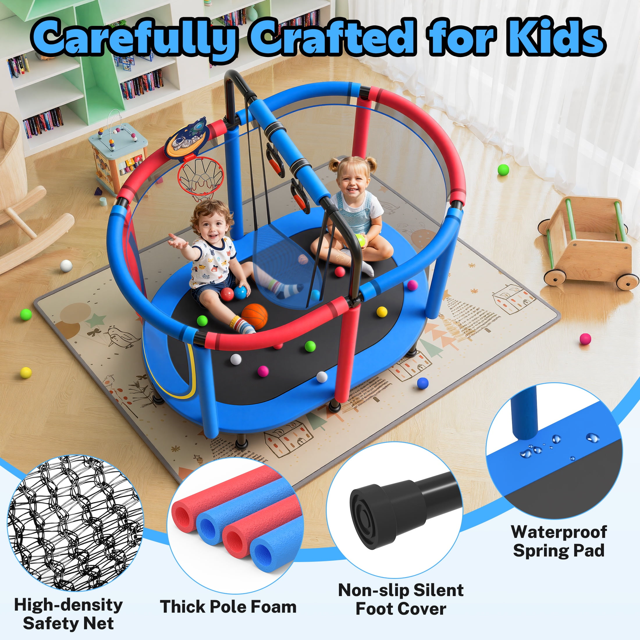 Segmart Kids Trampoline with Safety Enclosure, Basketball Hoop, Swing, and Gymnastic Rings (Blue, 60 in) zgj3e