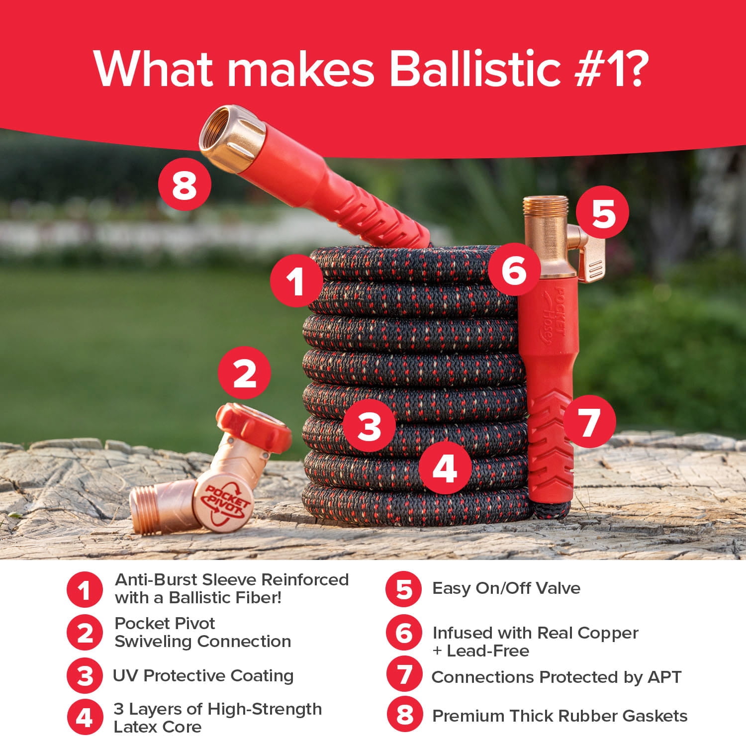 Pocket Hose Ballistic Expanding Garden Hose (Red, 50 ft) h1xlf