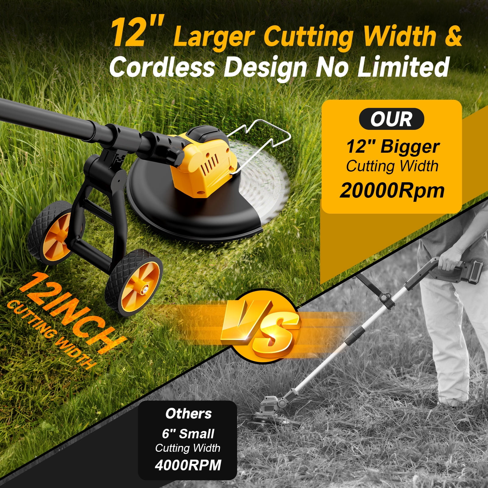 Lemolifys 12-inch Cordless Brushless Weed Eater with Wheels and 5 Blades (Yellow, 21V Battery) b80p4