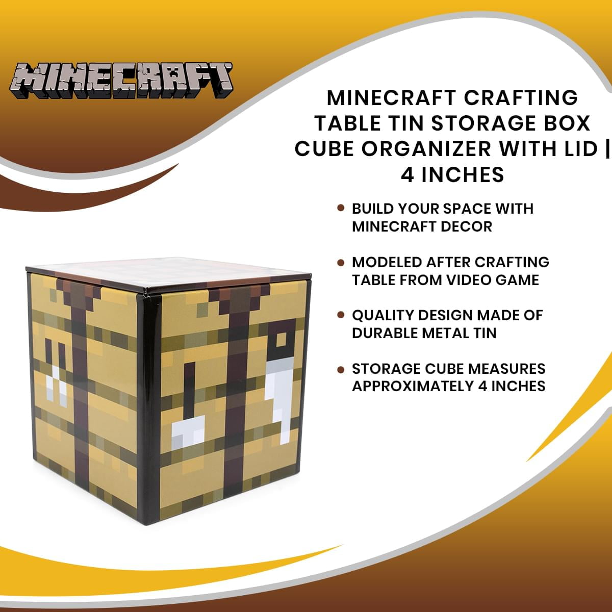 Minecraft Crafting Table Metal Storage Box Organizer with Lid (Brown, 4 in) boezd
