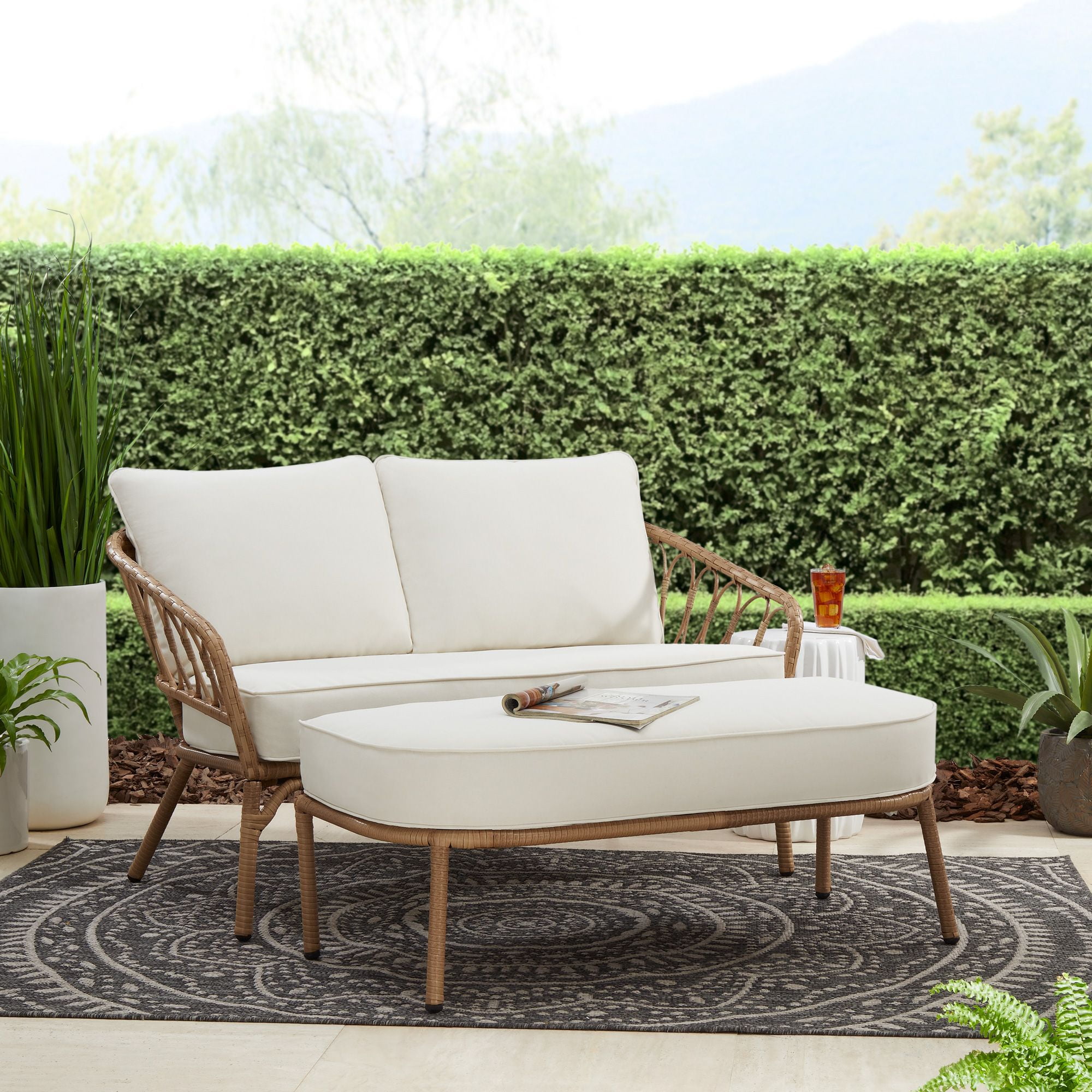 Better Homes & Gardens Willow Sage All-Weather Wicker Outdoor Loveseat and Ottoman Set (Beige, 2-Piece) lialw