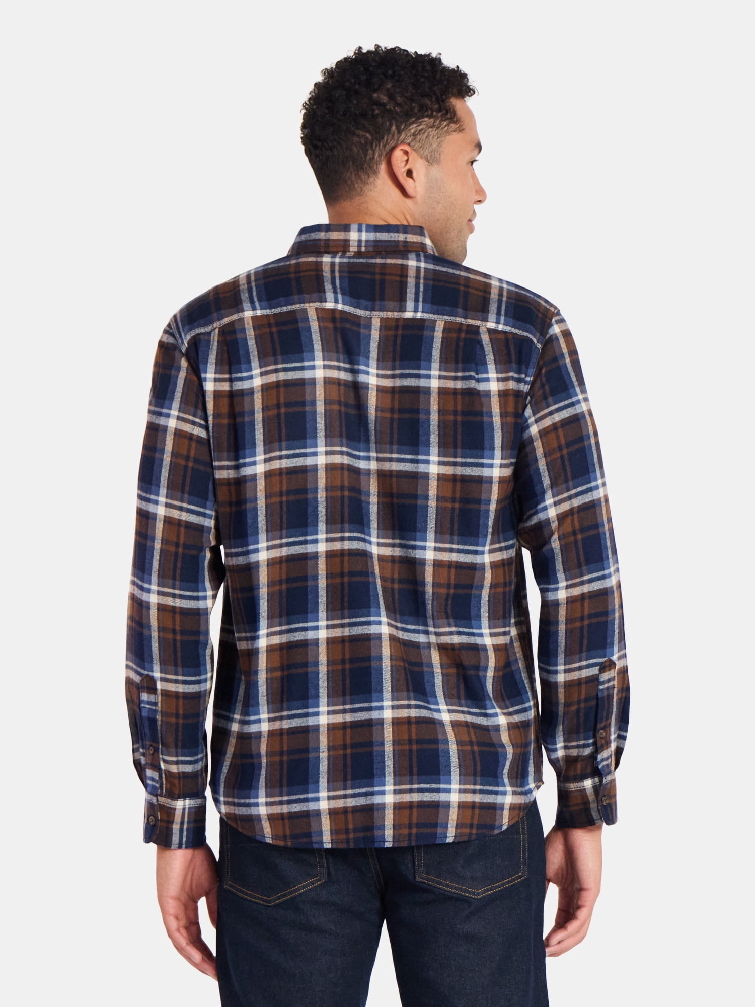 George Men's Long Sleeve Plaid Flannel Shirt, Double Pocket Button Down, 2 Pack (Brown, XS) kocxj
