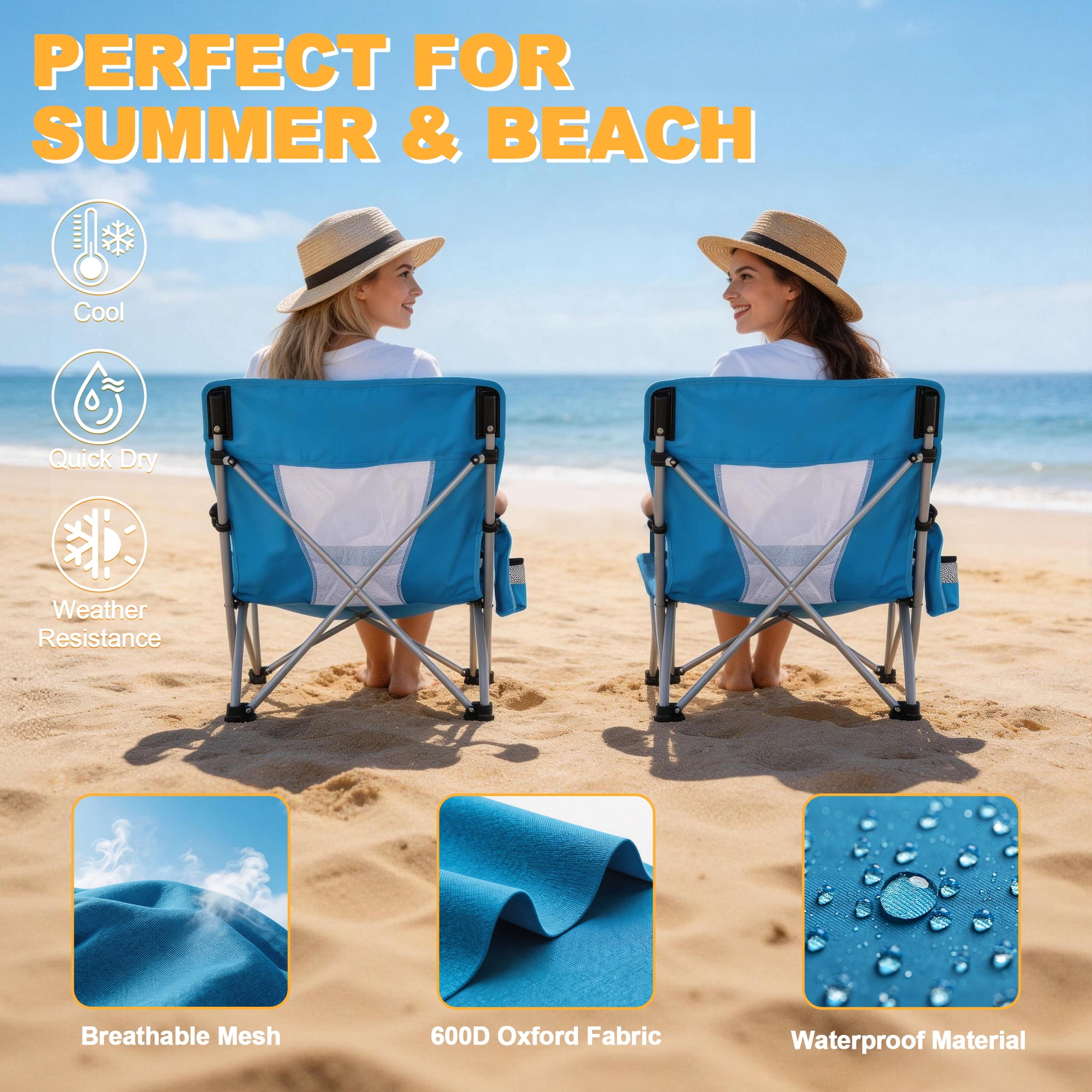 Walchoice Folding Beach Chairs with Cup Holder and Carry Bag, Low Back Support, Heavy-Duty Portable Outdoor Seating (Blue, 2 Pack) dzkr7
