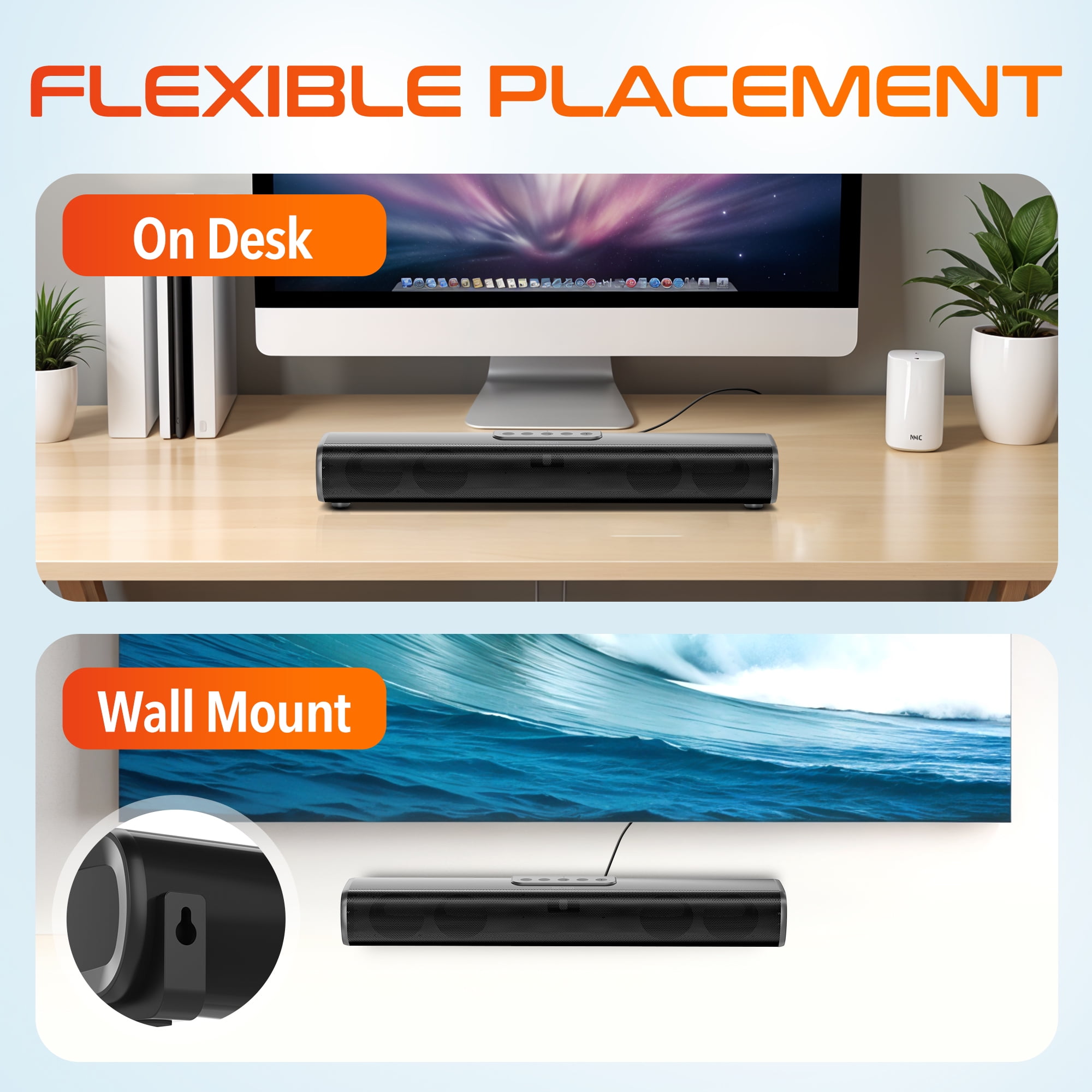 Delton SB380 Stereo Sound Bar, 50W Computer Speakers, Wired & Wireless Soundbar with Remote Control (Black, 15.74 in) 4d19d