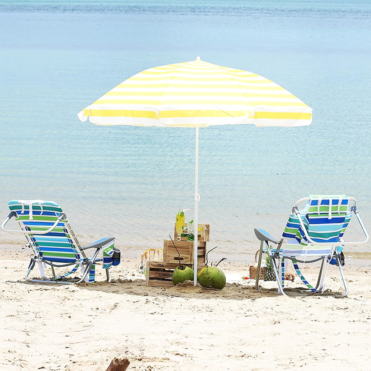 RIEDHOFF Portable Beach Chair with Adjustable Backrest and Cooler Bag (Ocean Striped, Set of 2) w911z
