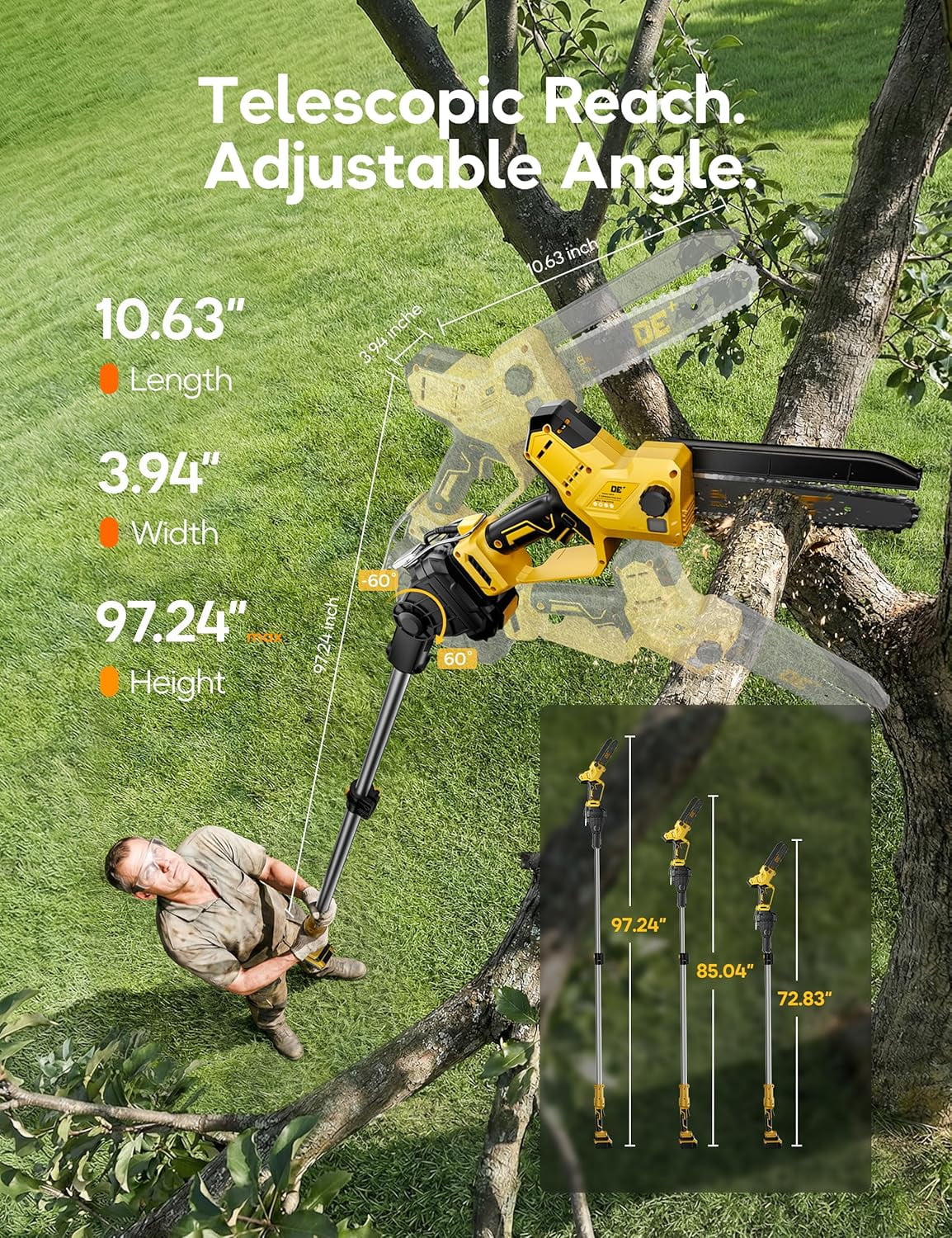 VANQUE 2-in-1 Cordless Pole Saw for DeWalt 20V Max Battery, Brushless 8 in Mini Chainsaw for Tree Trimming (Yellow, 16 ft Reach) 4gsyb