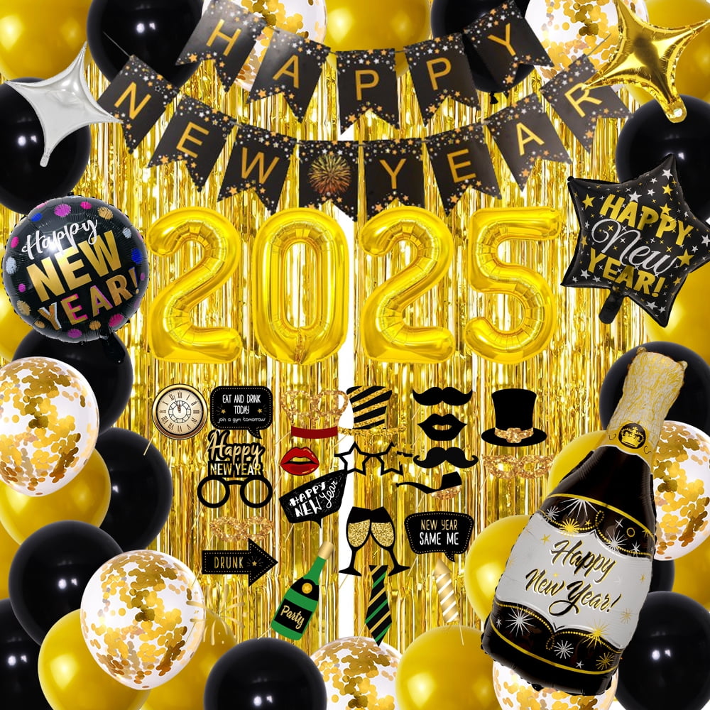 MSJEHQI New Year Party Decorations Kit 2026 Happy New Year Banner Balloons Photo Booth Props (Gold and Black, 53 Piece Set) wtqgx