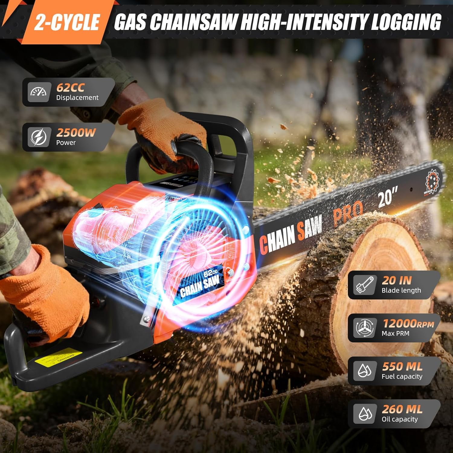 Datingday 62cc Gas Chainsaw, 3.5HP Professional Handheld Power Tool with Anti-Vibration & Quick-Stop Brake (Orange, 14 lb) 2sgpy