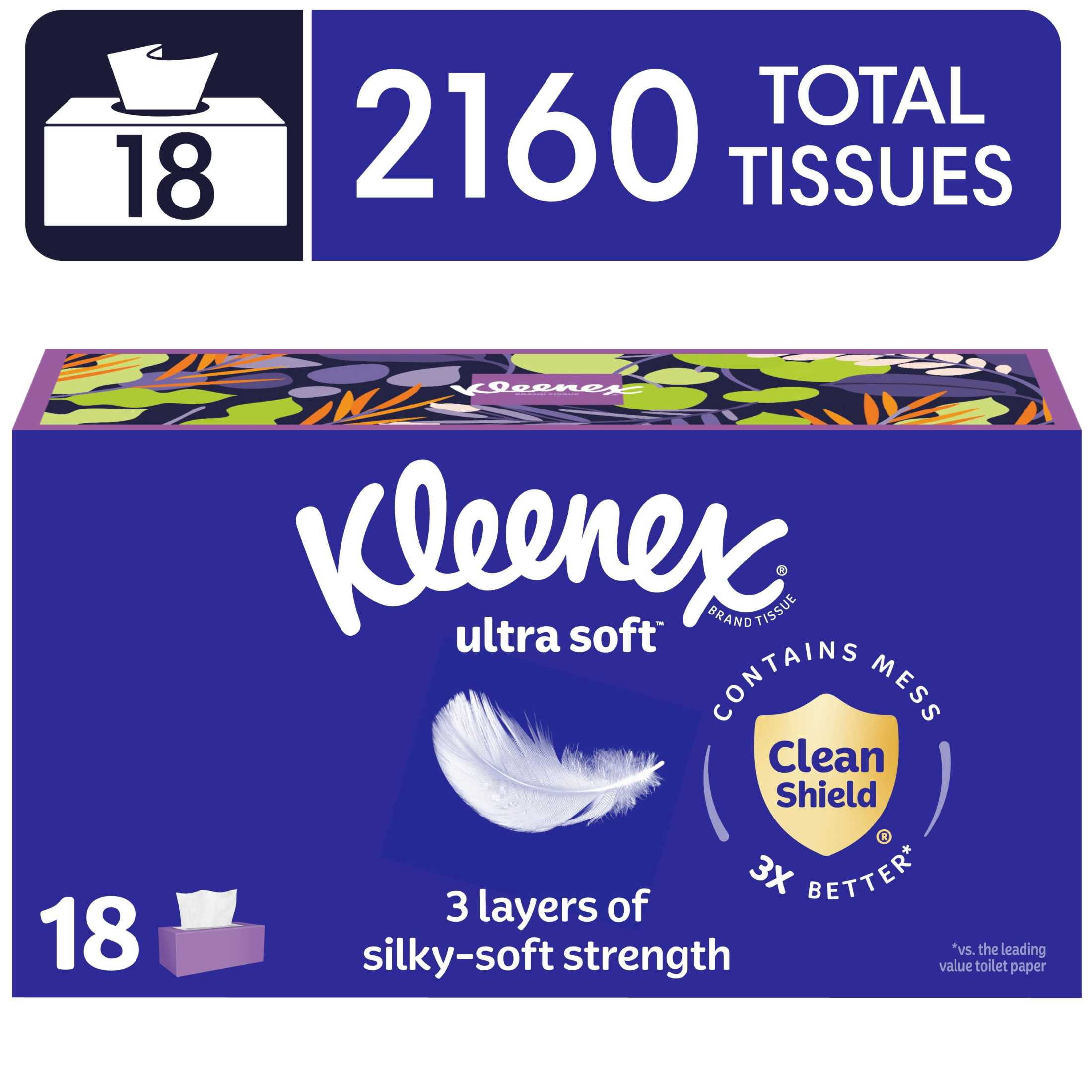 Kleenex Ultra Soft Facial Tissues, 3-Ply Premium Absorbent Tissues (White, 18 Flat Boxes, 2,160 Total Tissues) jhard