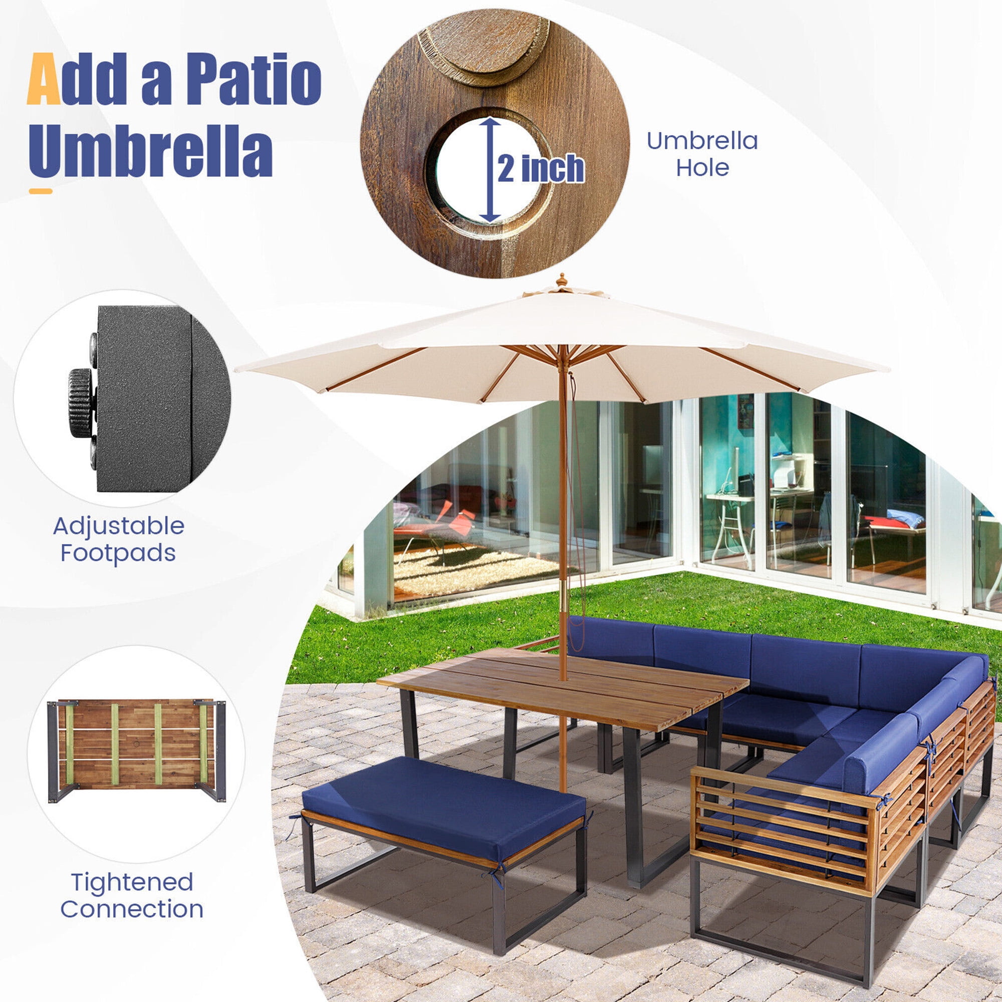 Gymax 8-Piece Patio Dining Set Acacia Wood L-Shaped Sectional Sofa with Navy Cushions (8-Piece Set) enb7g