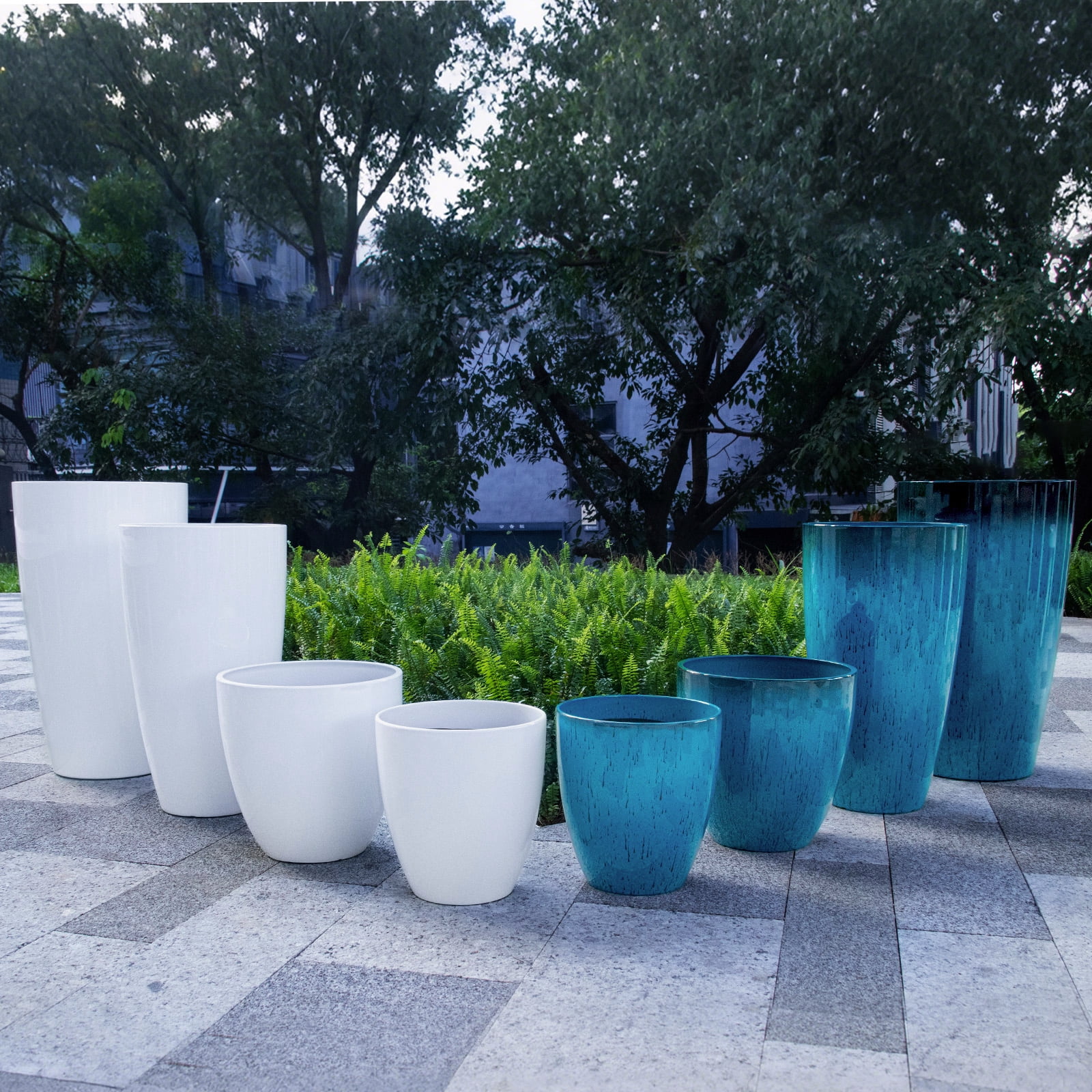 Fiason 4-Piece Tall Planter Set, Weatherproof Plastic Flower Pots with Drainage Holes and Mesh Filter (Blue, 24 in, 21 in, 12 in, 10 in) 1fcjk