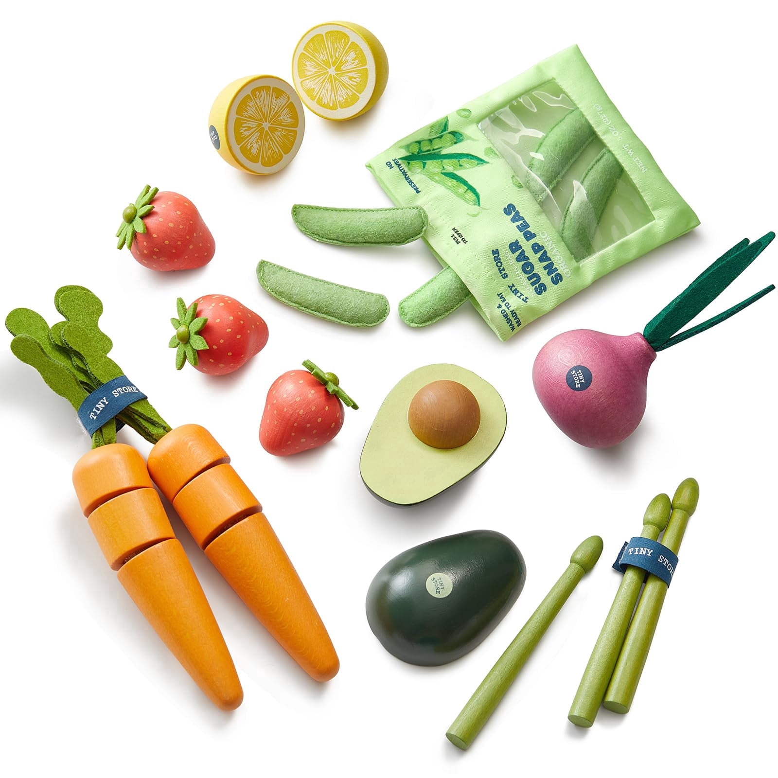 Tiny Land Wooden Fruit & Vegetable Play Set, Pretend Play Kitchen Food Toys for Toddlers (Multi-Color, 15-Piece Set) 64guy