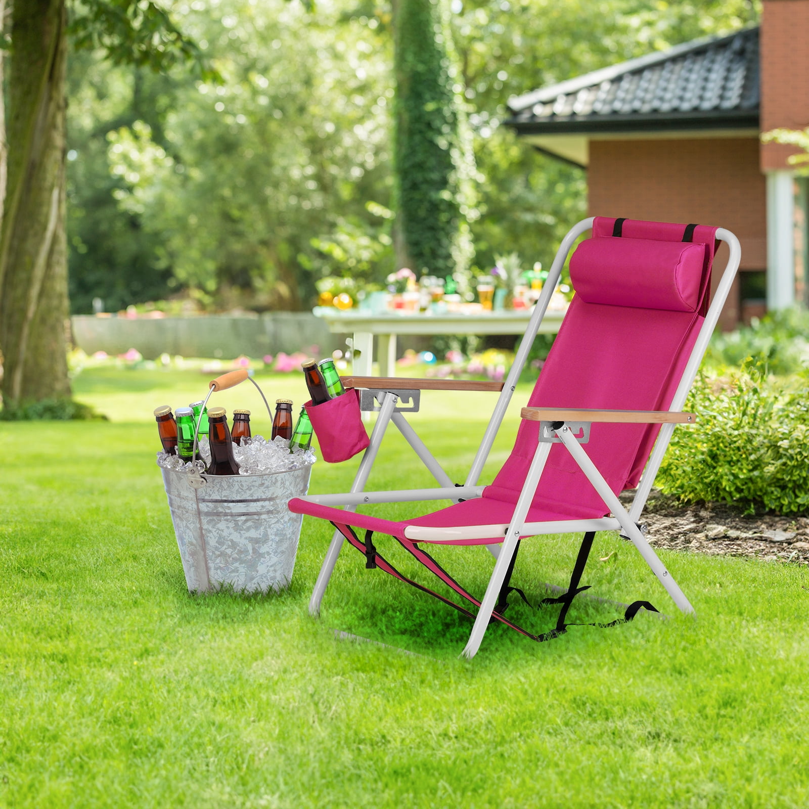 SUREGO Folding Beach Chair with Adjustable Headrest and 4-Position Recline (Pink, 1 Pack) z3lid