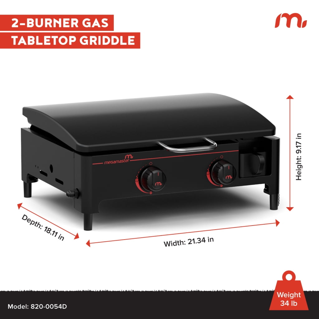 Megamaster 2-Burner Portable Gas Griddle with Built-In Lid, Outdoor Tabletop Propane Grill (Black, 282 sq in) onxqc