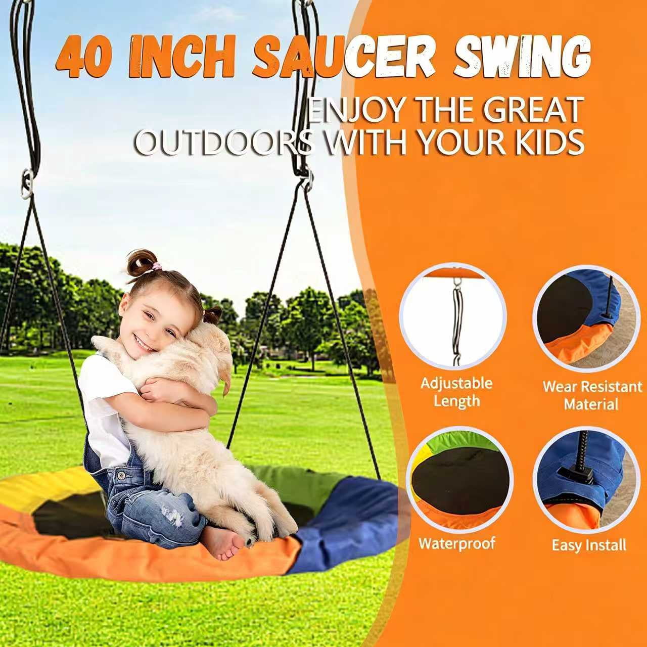 Shengchao Trade Metal Kids Swing Set, Heavy-Duty Outdoor A-Frame Playground with 2 Swings, Saucer Swing, and Sports Hoop (Blue, 75 in H x 67.7 in L x 136 in W) 4jmwx