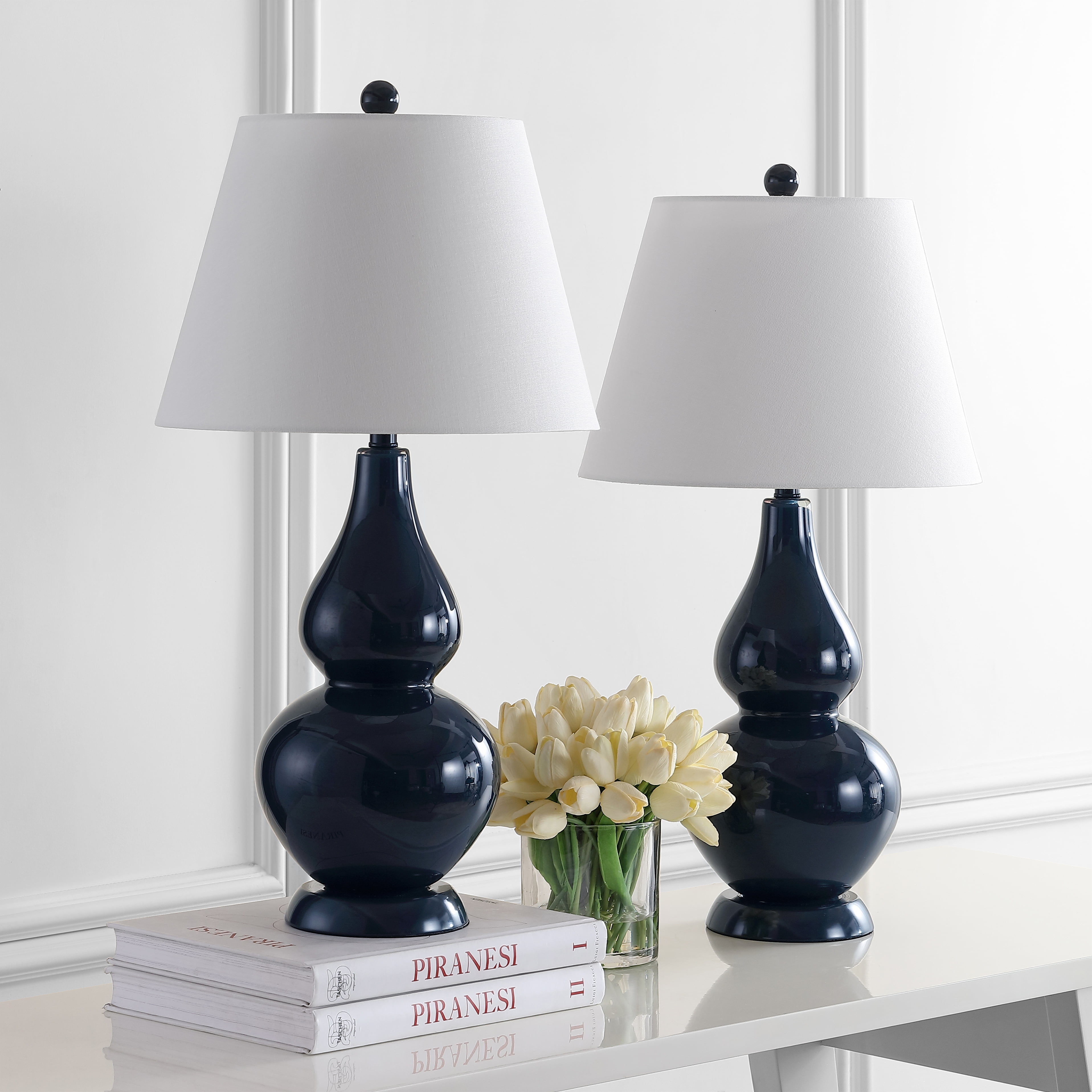 Safavieh Cybil Glass Table Lamp Set with Cotton Shade (Navy, 26 in. Height, Set of 2) atvti