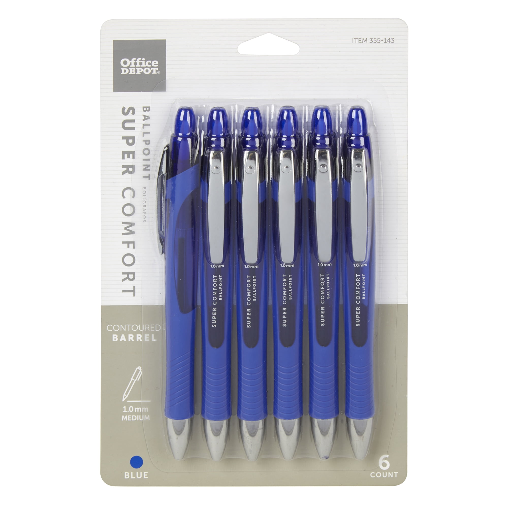 Office Depot Retractable Ballpoint Pens, Smooth Writing Medium Point, Comfort Grip (Blue, 6 Pack) t1z4y
