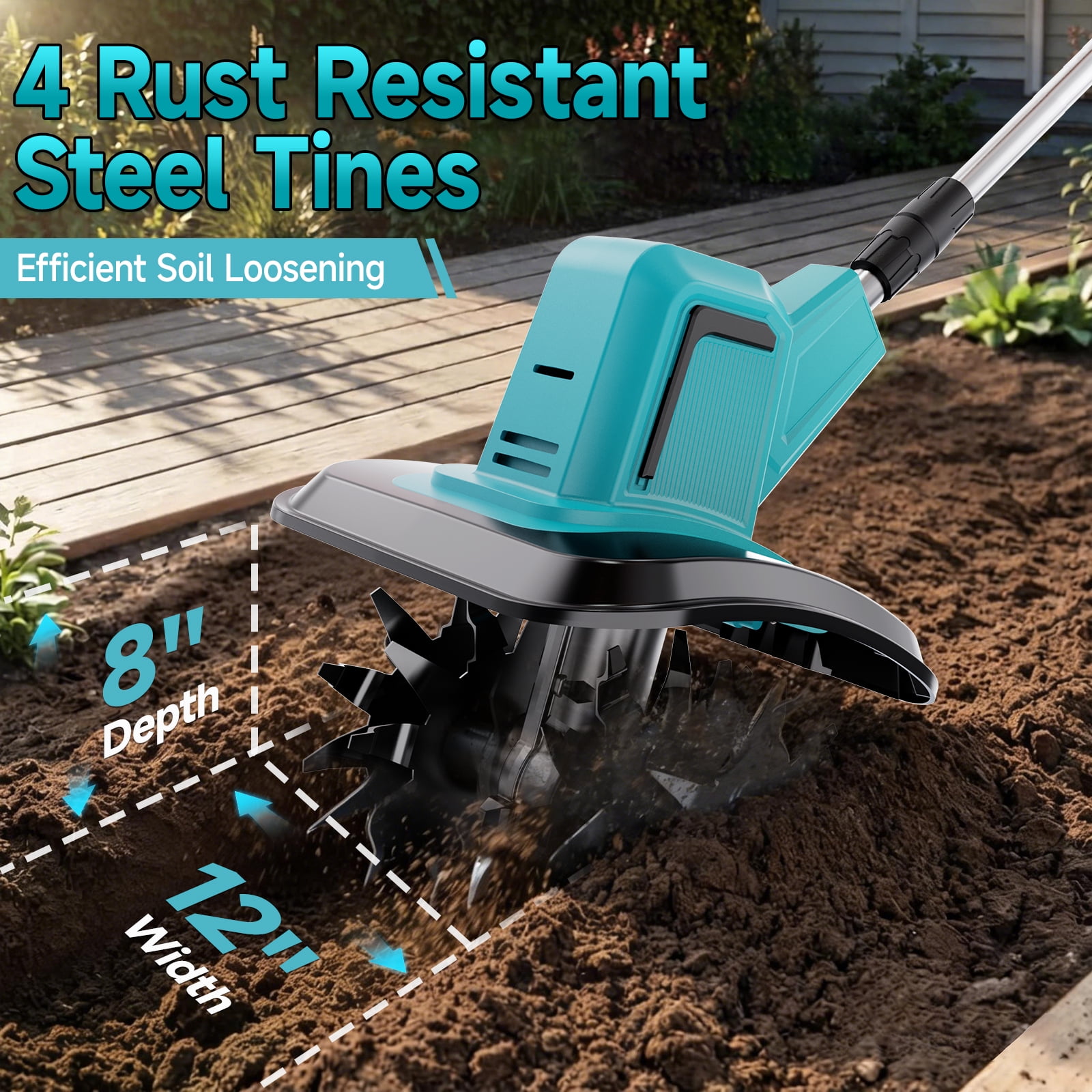 KITESDER Cordless Garden Tiller Cultivator, Manganese Steel Tines for Soil Tilling and Weeding (12 in x 12 in x 12 in) 2m325