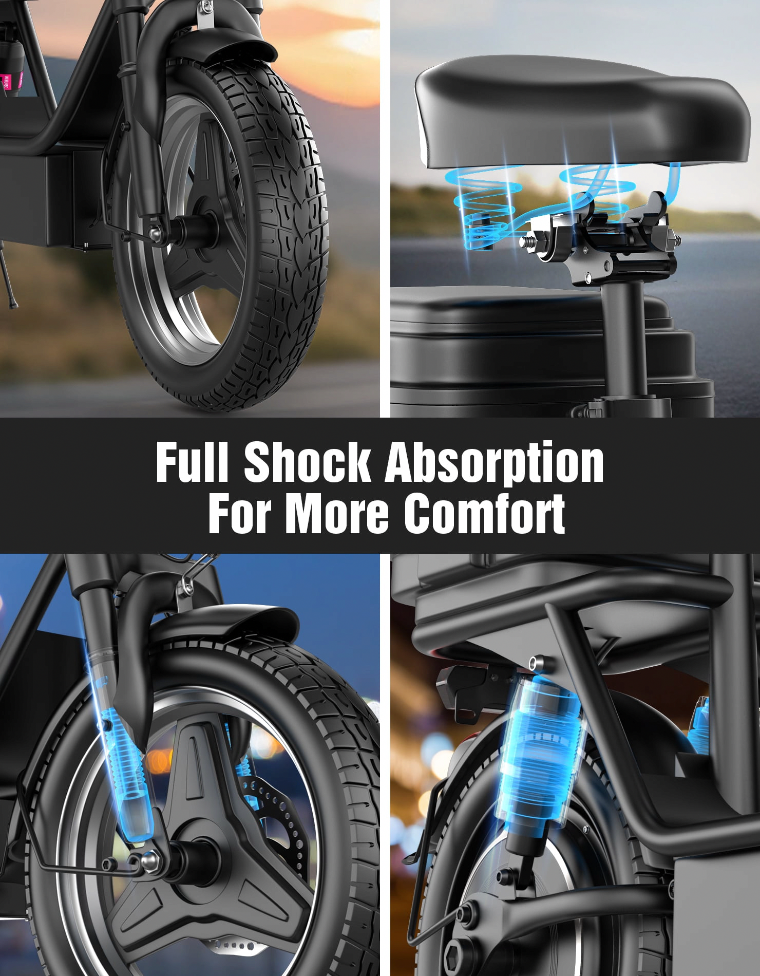 Pikabike Electric Scooter with Seat for Adults, High-Performance Commuter with Full Suspension (Black, 14 in Tires) lgccn
