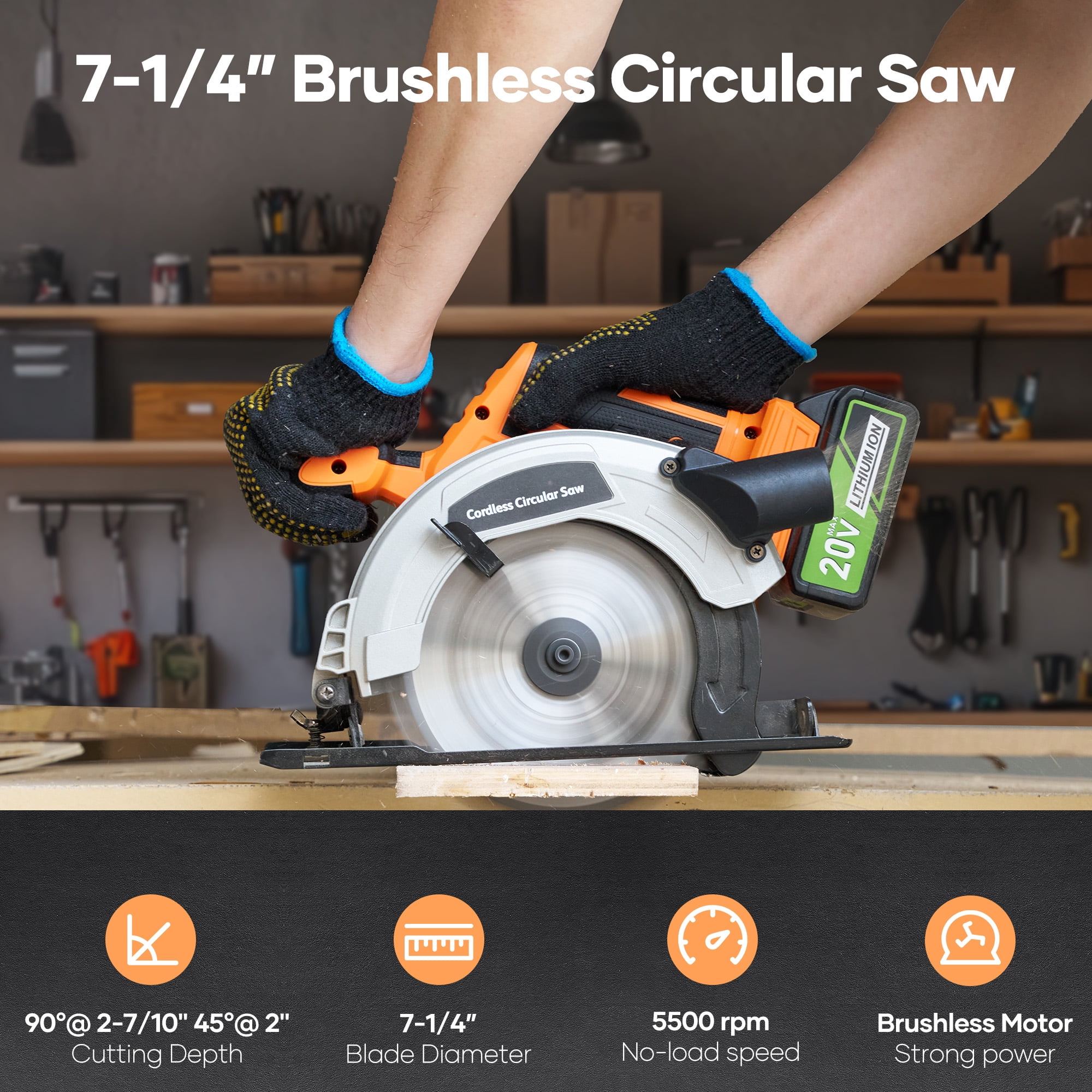 GASKY 20V Cordless Circular Saw, Brushless Power Tool for Wood Cutting with 4.0Ah Battery (Black, 7-1/4 in) qposg