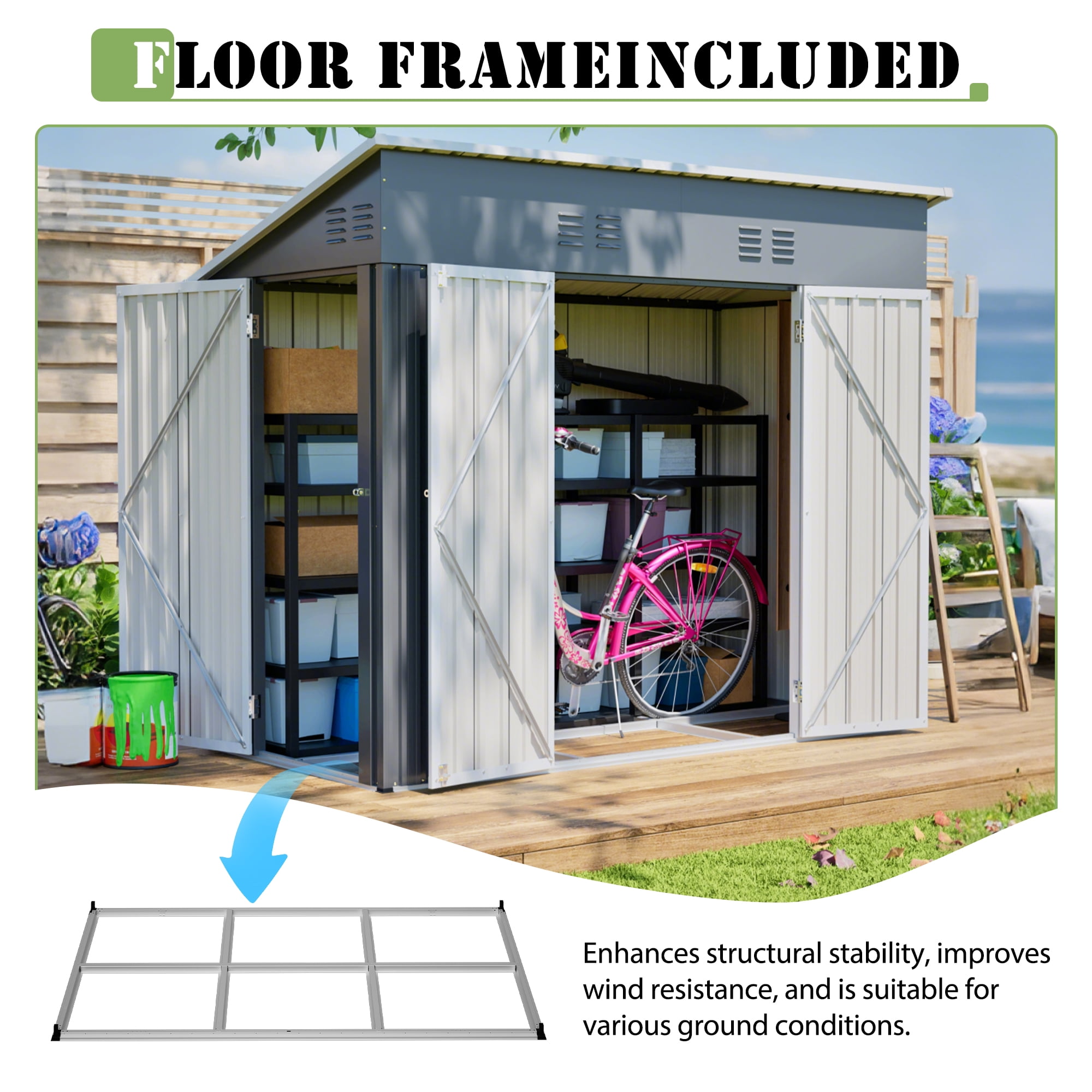 LZBEITEM Outdoor Metal Storage Shed, Weather-Resistant Garden Tool Shed with Galvanized Floor Frame (Grey, 8 ft x 4 ft) ere2c