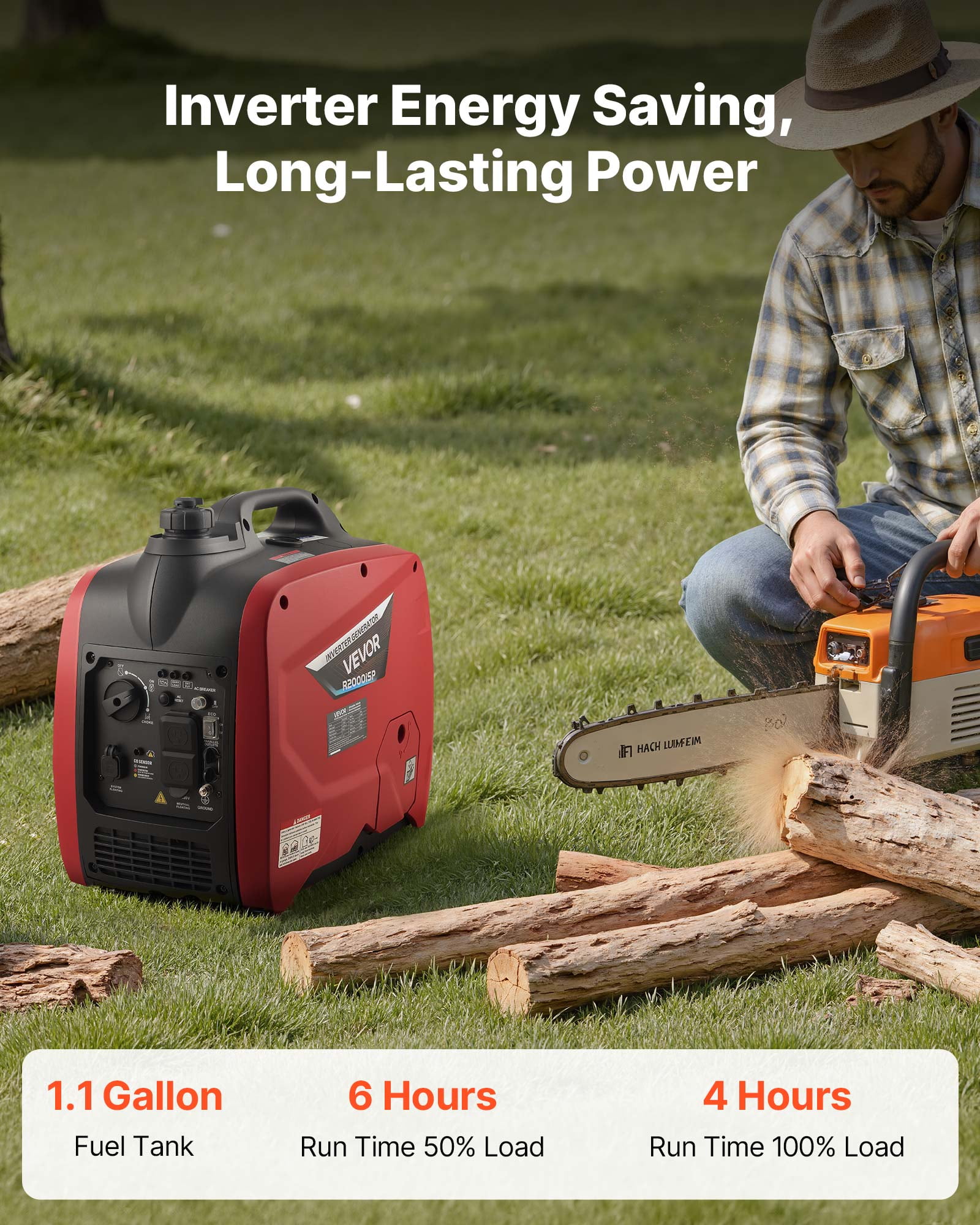 VEVOR Portable Inverter Generator, 2900W Peak Power Gas Powered Quiet Generator for Home and Camping (Orange/Black, 1.1 gal) 8ehr6