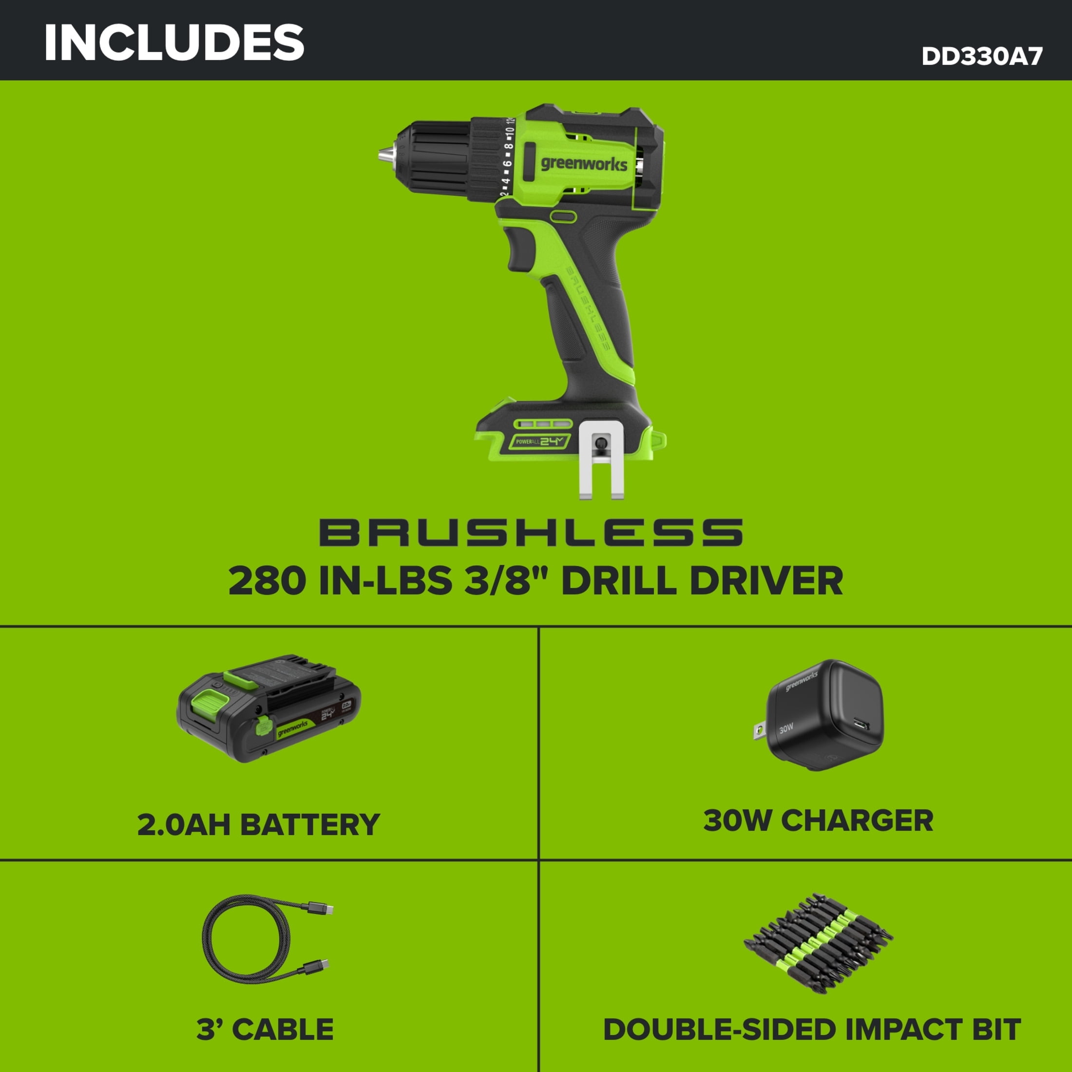 Greenworks PowerAll 24V Brushless 3/8 in Drill Driver with 2Ah USB-C Battery (280 in-lb, Compact) ma8v5