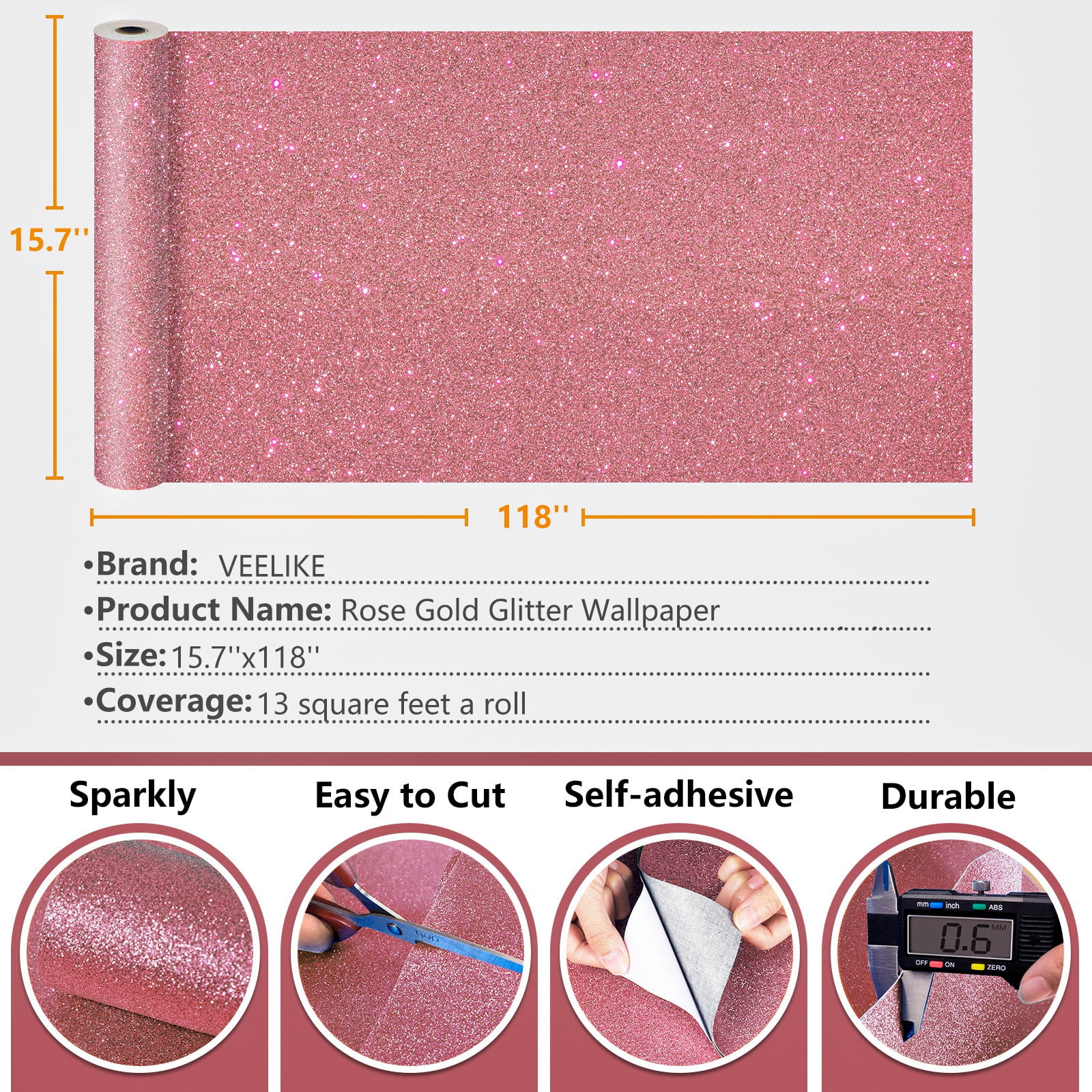 VEELIKE Rose Gold Glitter Peel and Stick Wallpaper, Sparkle Self-Adhesive Contact Paper for Furniture and Walls (15.7 in x 118 in) lfrdk