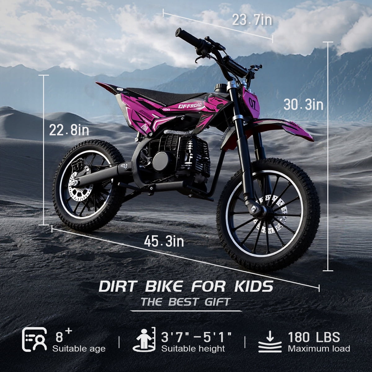 TOXOZERS 50cc Gas Powered Dirt Bike for Kids, High-Torque 2-Stroke Mini Motocross Bike with Dual Suspension (Pink, 180 lb Capacity) dphih