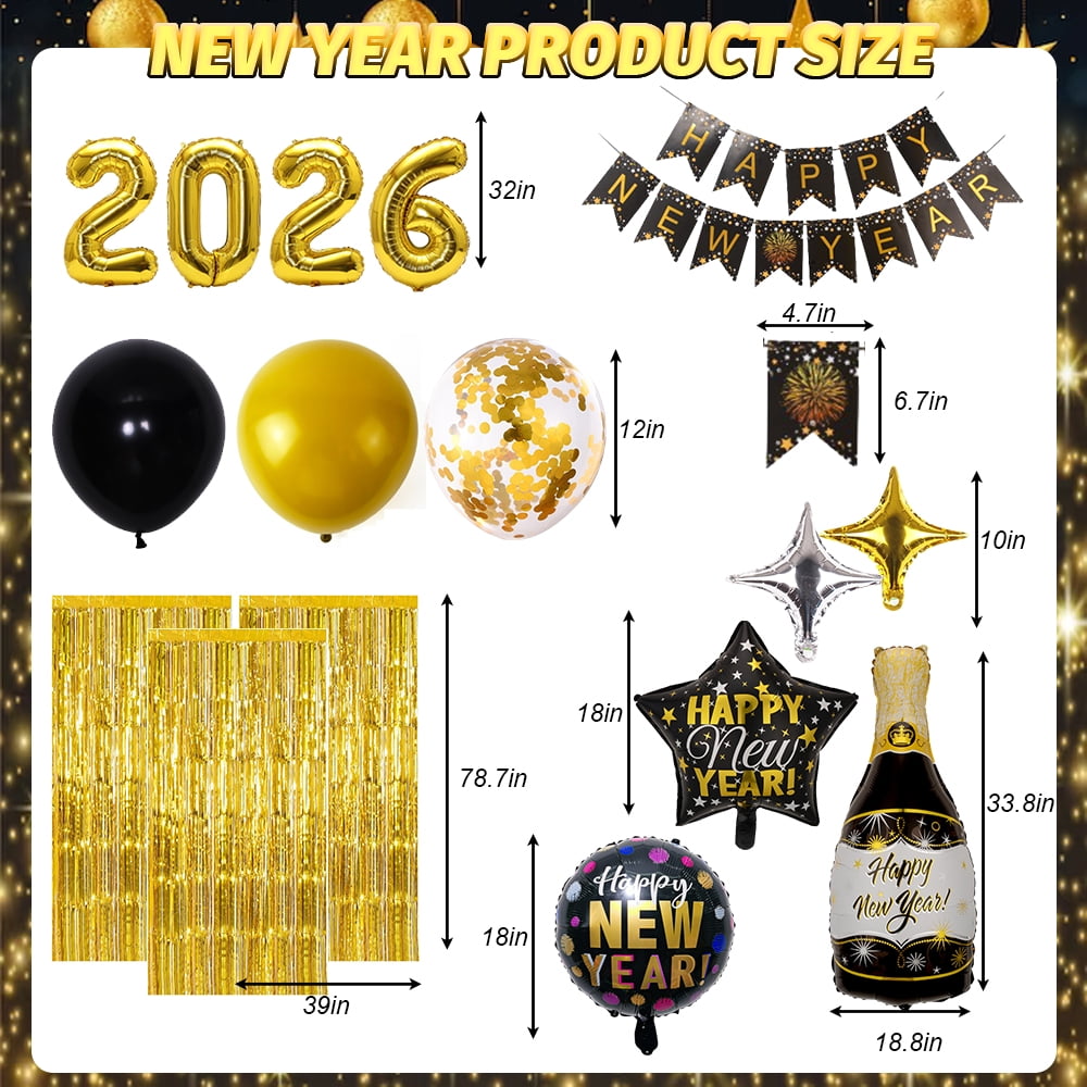 MSJEHQI New Year Party Decorations Kit 2026 Happy New Year Banner Balloons Photo Booth Props (Gold and Black, 53 Piece Set) wtqgx