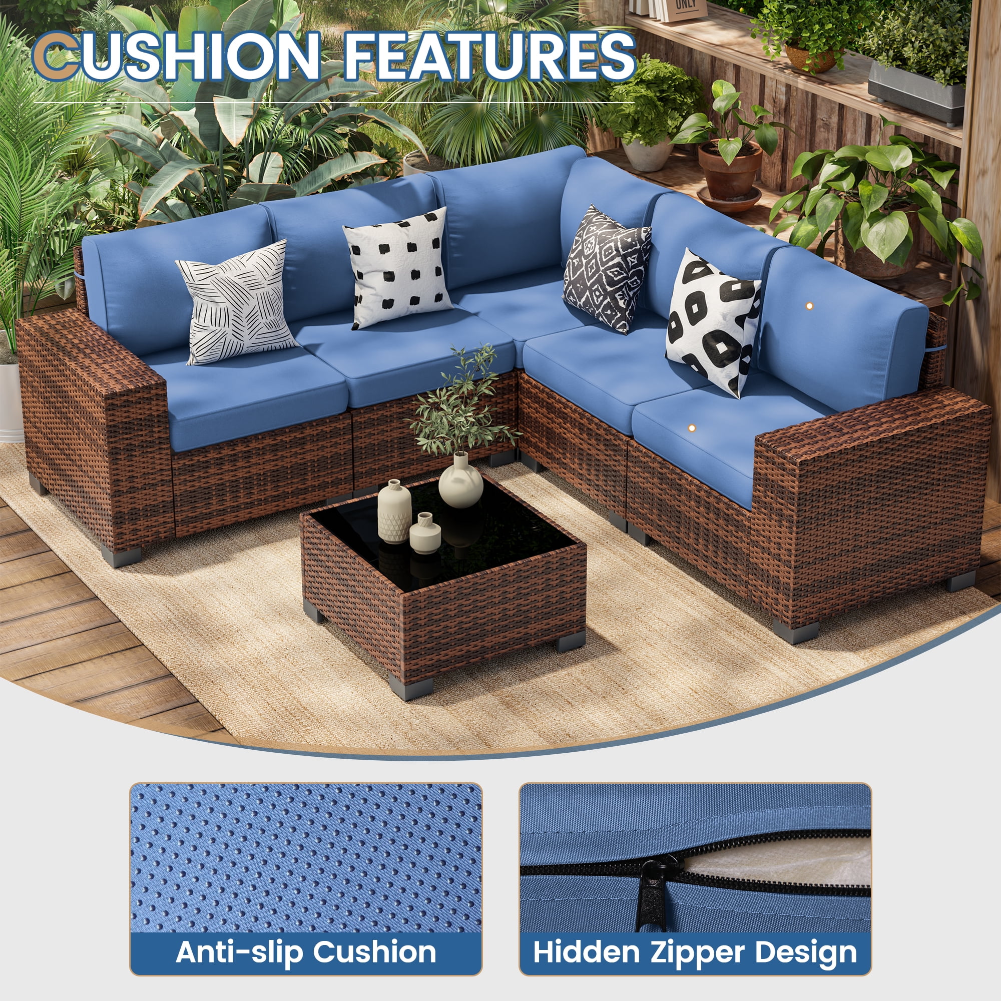 Poteban 6-Piece Outdoor Wicker Patio Furniture Set with Cushions (Brown and Blue, 6-Piece Set) 65mcb