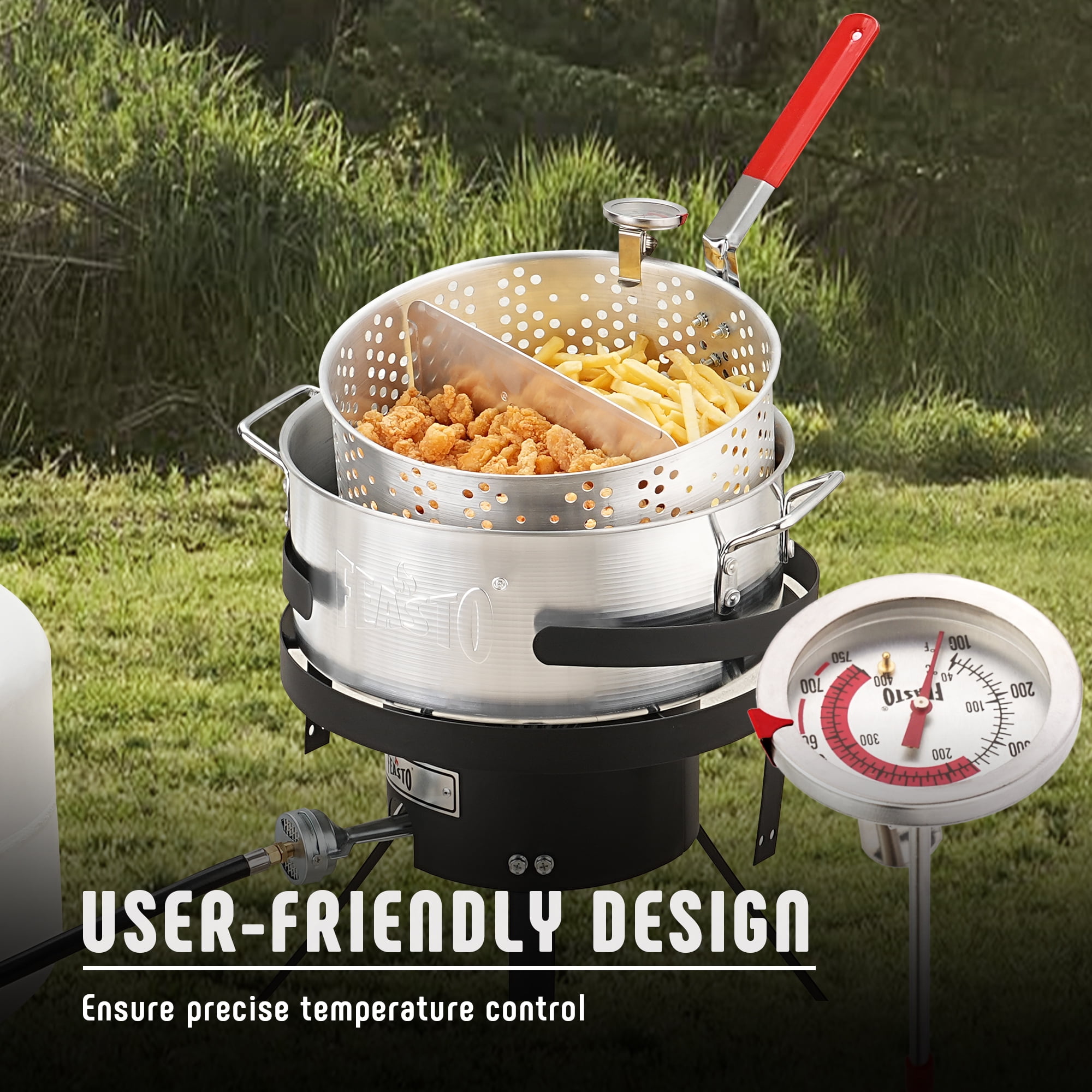 Feasto Outdoor Propane Gas Fish Fryer Pot Kit with Strainer Basket and 50,000 BTU Burner (Silver, 10 qt) fxjcn