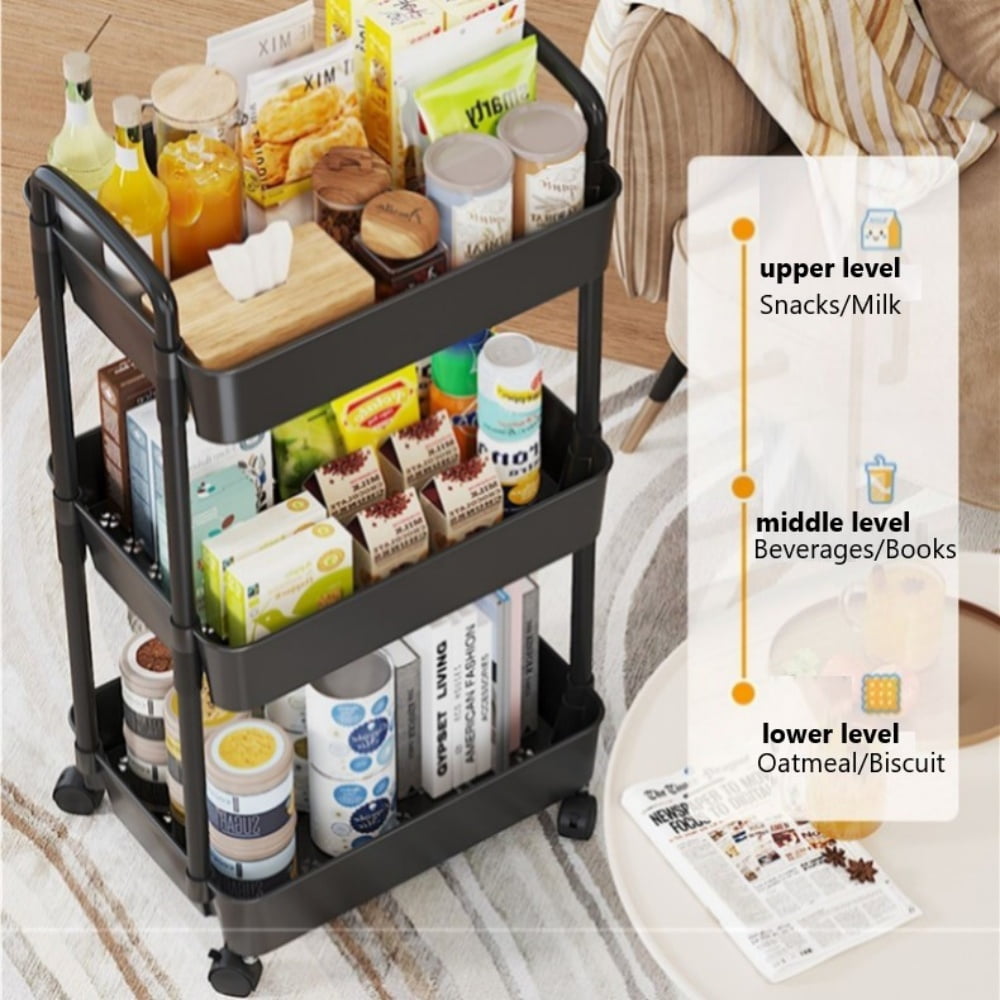 COWIN 3-Tier Metal Rolling Utility Cart with 6 Hooks (Black, 17 in x 15 in x 34 in) 7wkkx